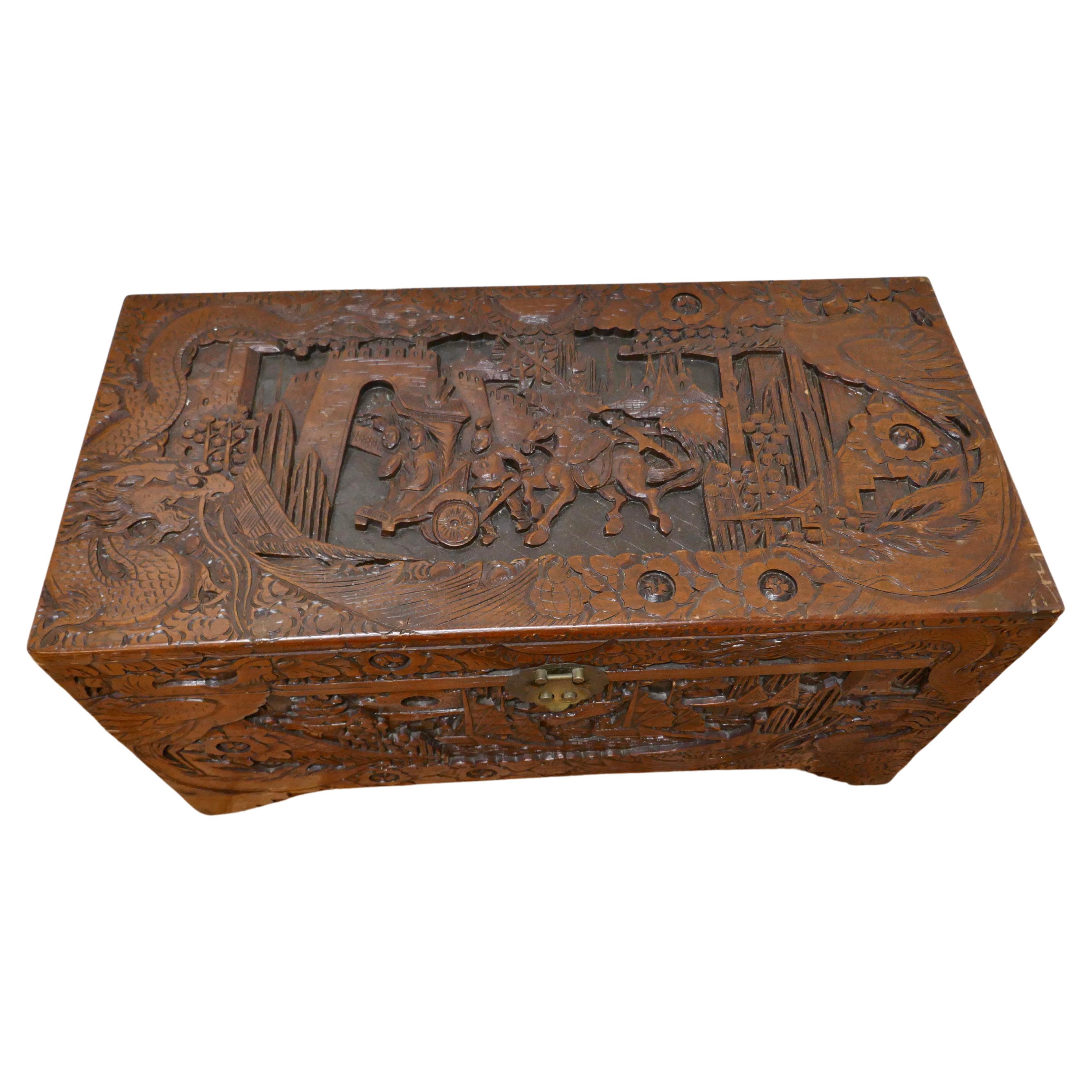 Large Carved Oriental Camphor Wood Chest For Sale