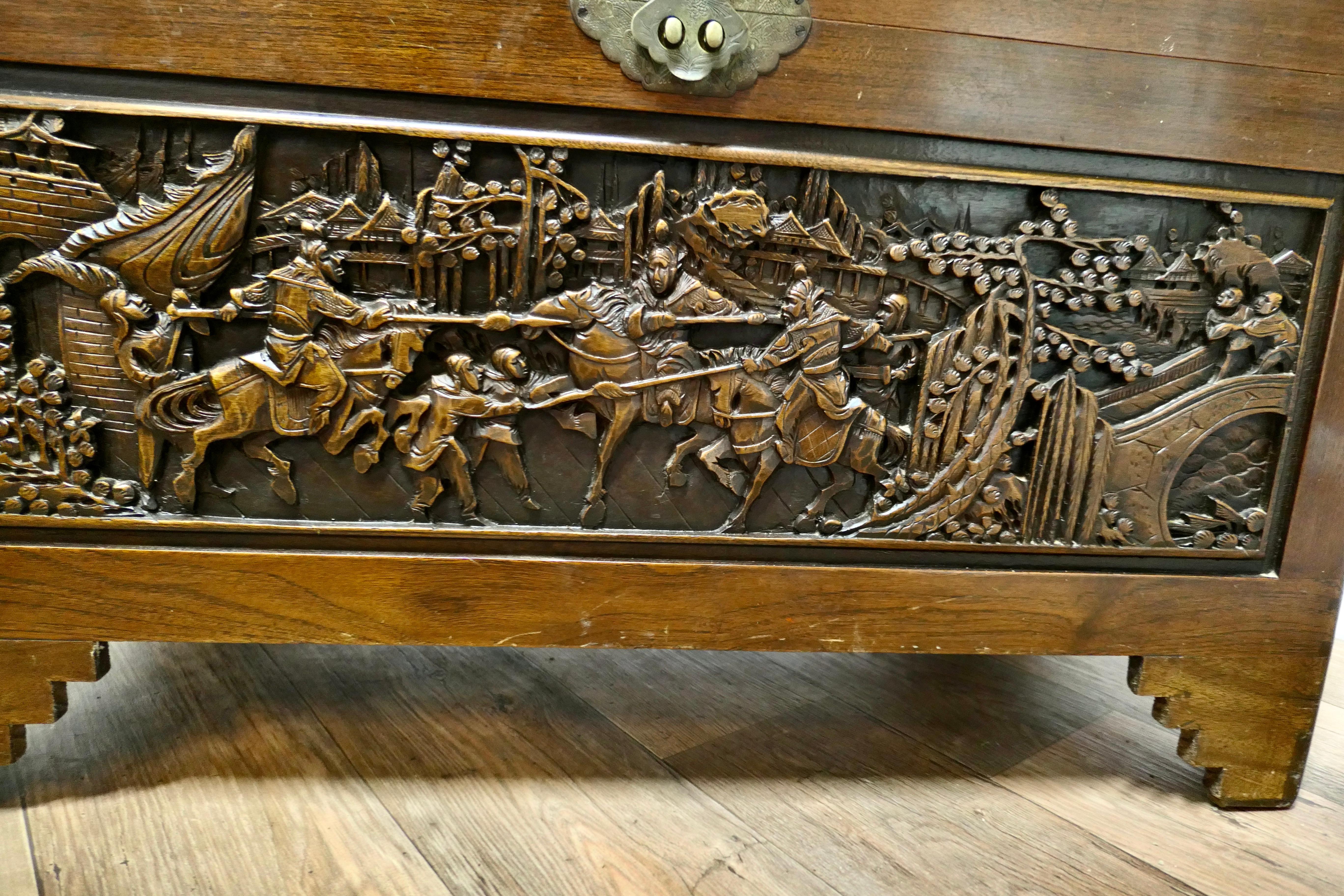 Chinoiserie Large Carved Oriental Camphor Wood Chest This Carved Chest is Made from Camphor