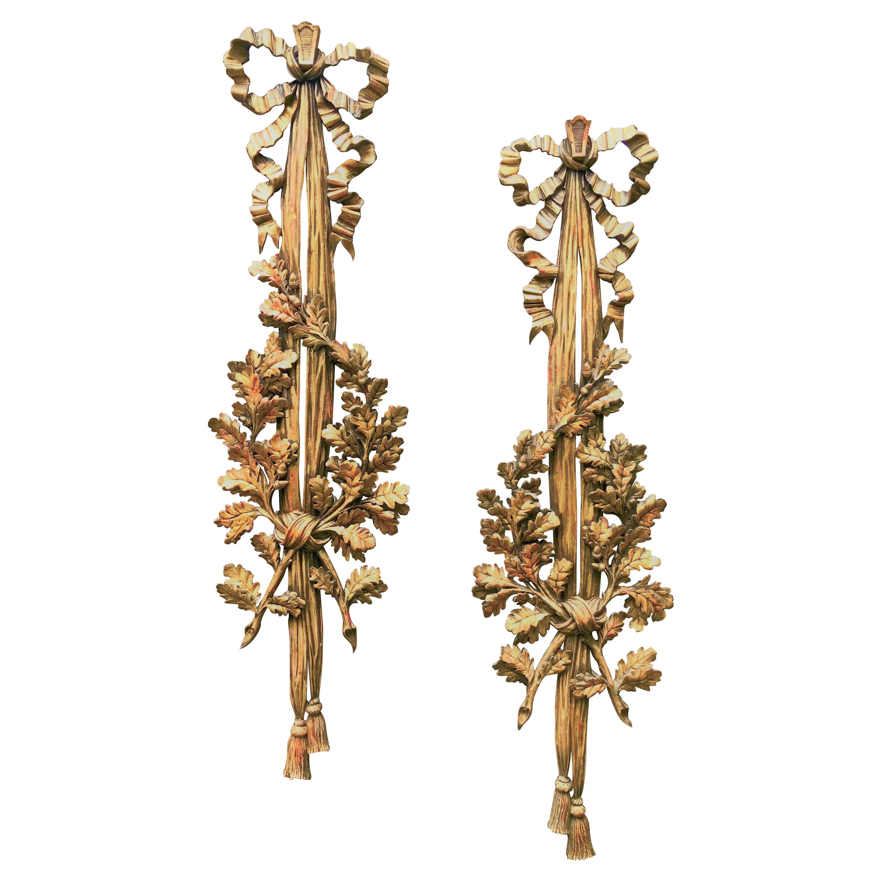 Large Carved Pair of Louis XVI Style Giltwood Wall Trophy or Applique
