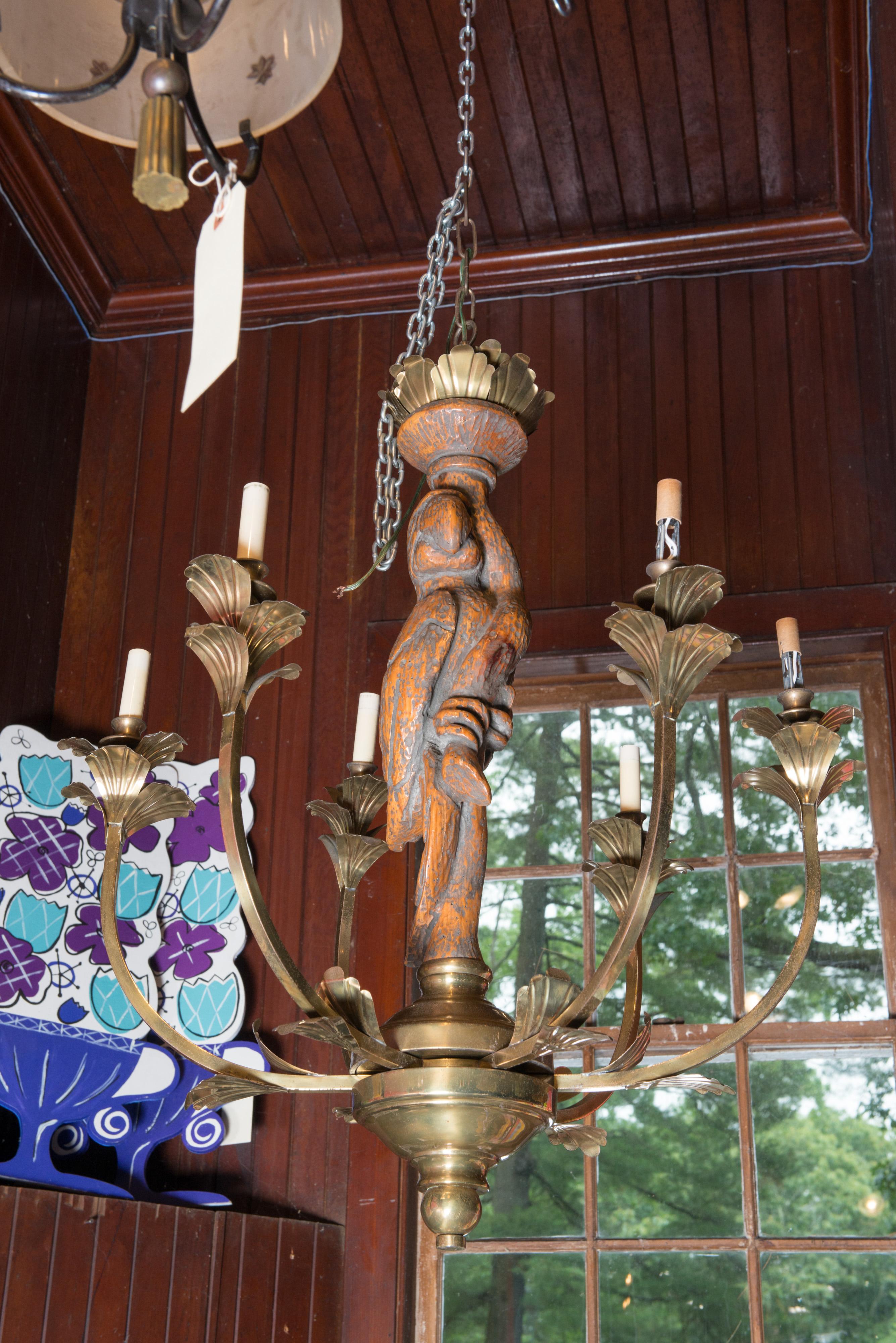 Large Carved Parrot & Brass Chandelier For Sale 5
