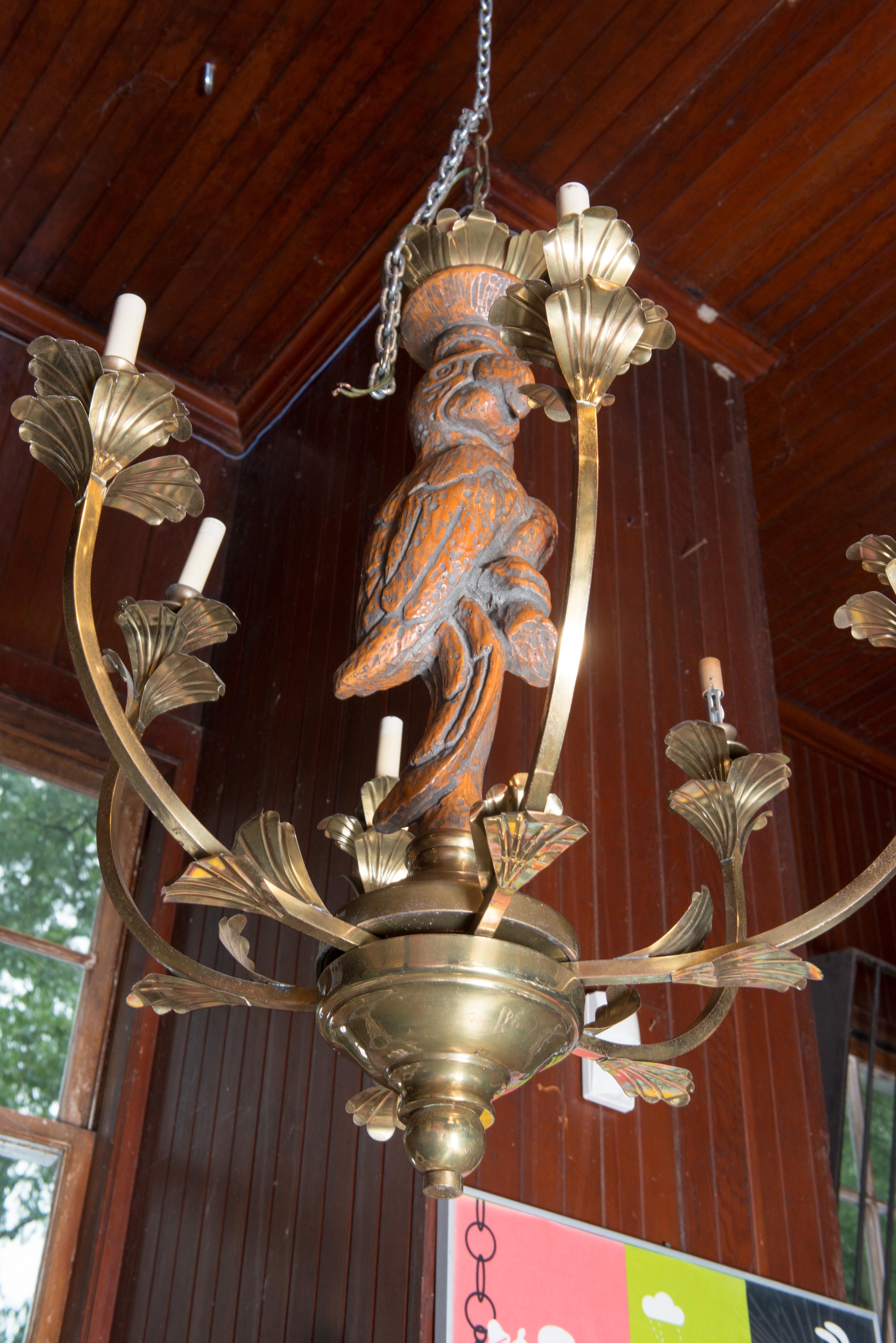 Large Carved Parrot & Brass Chandelier For Sale 6