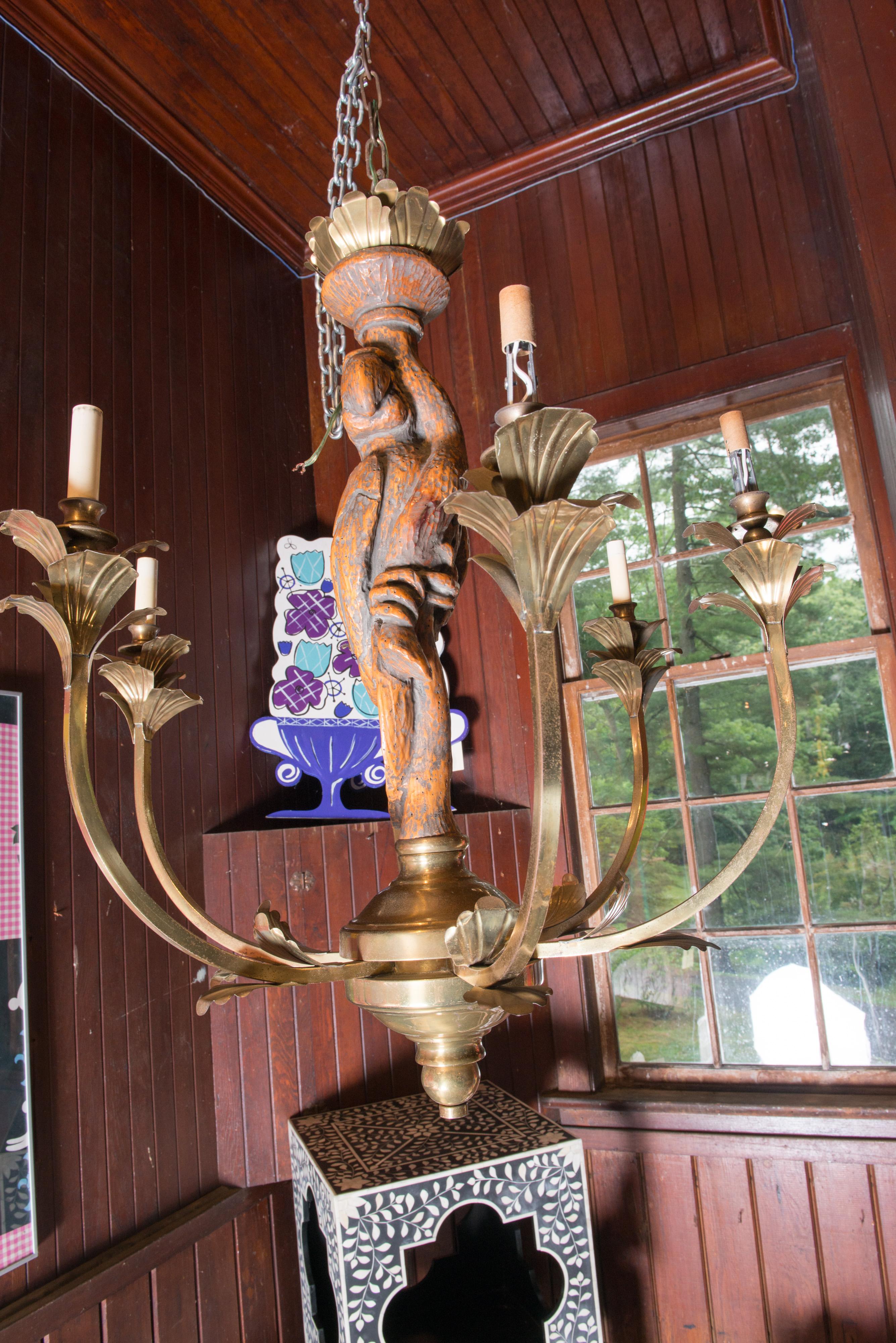American Large Carved Parrot & Brass Chandelier For Sale