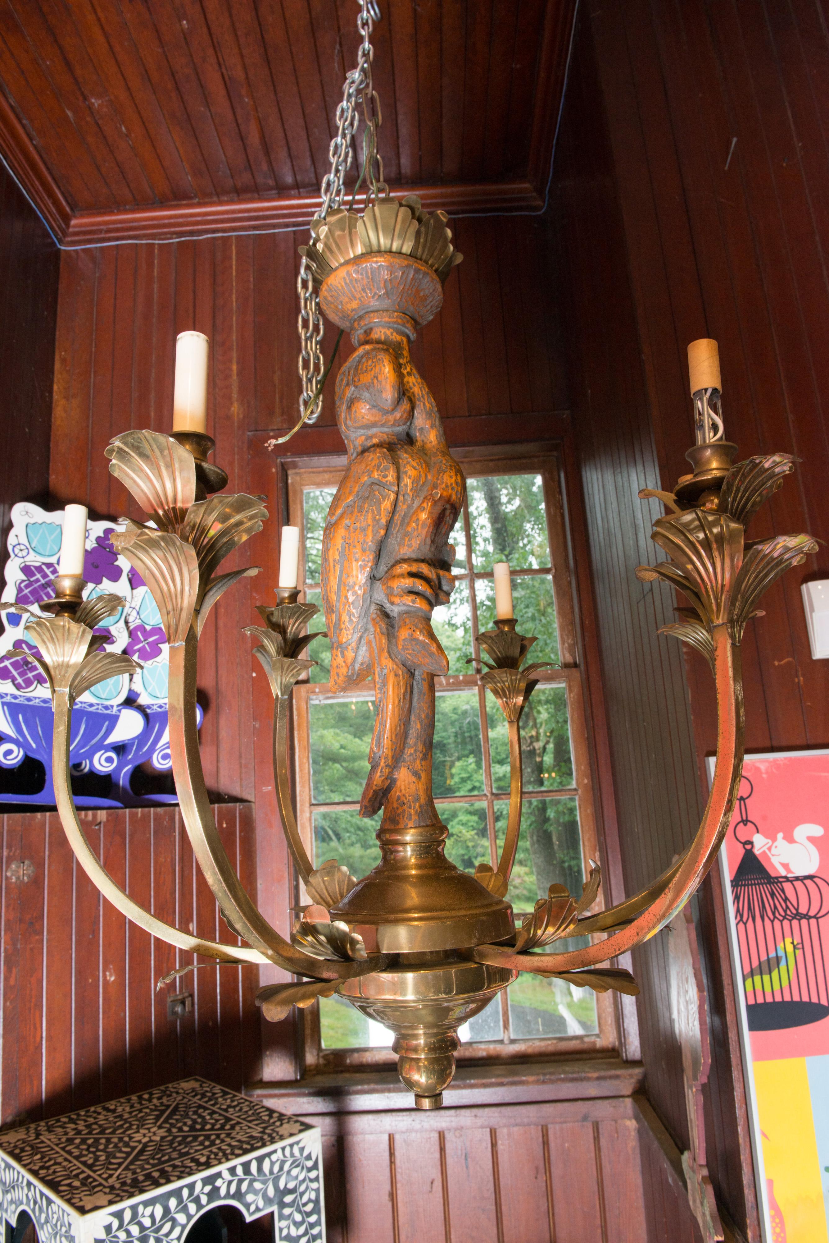 Large Carved Parrot & Brass Chandelier For Sale 2