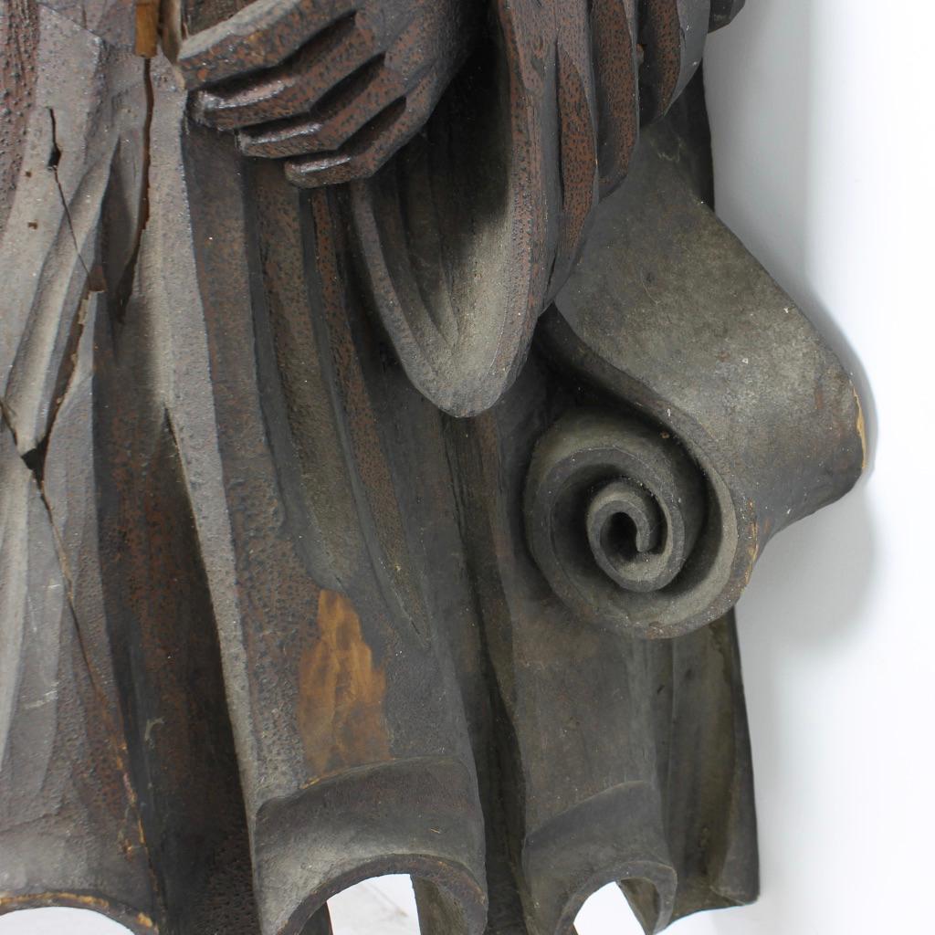 Large Carved Pine Beam End of a Cleric In Distressed Condition For Sale In Shustoke, GB