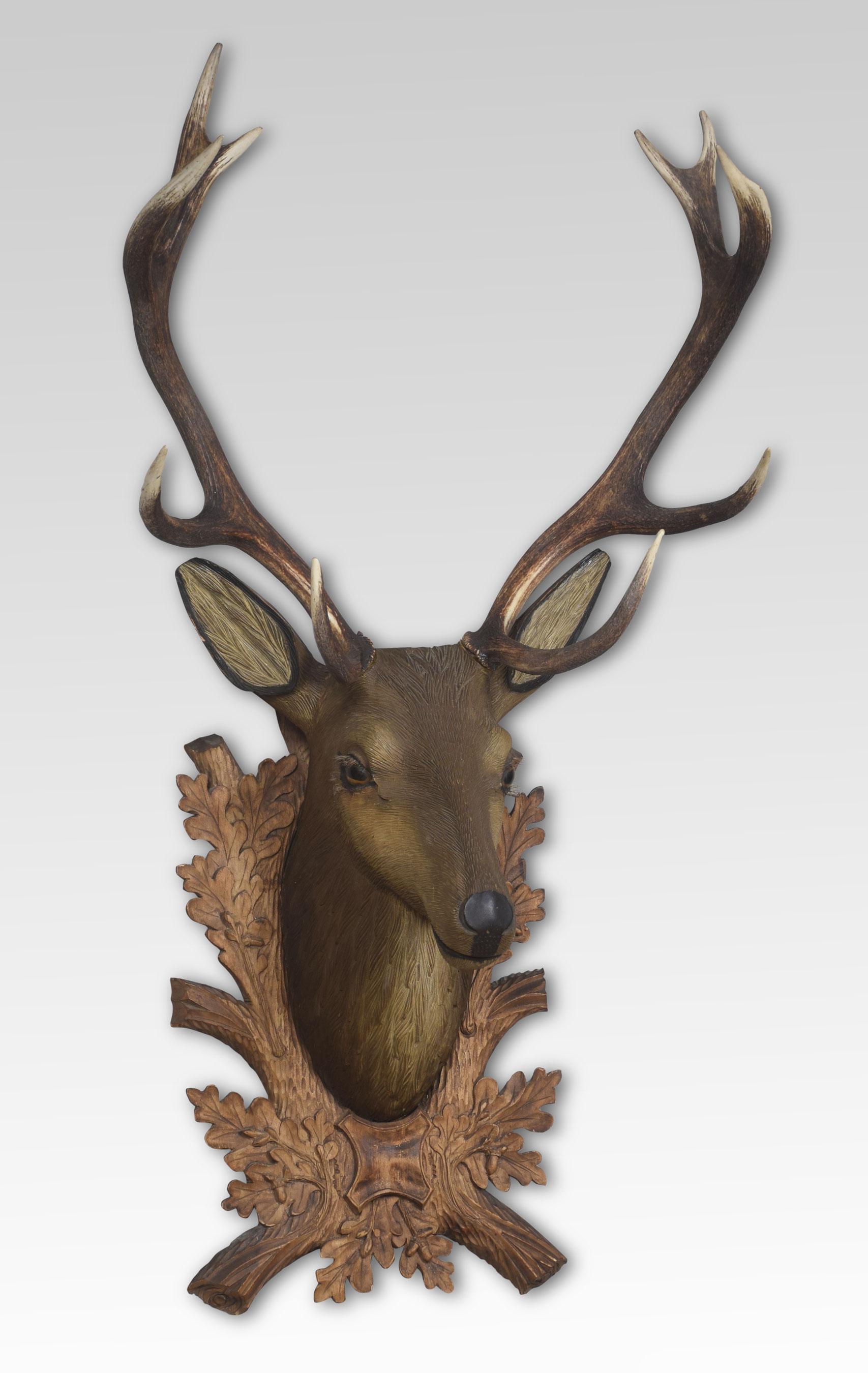Large Carved Polychrome Decorated Stags Head In Good Condition For Sale In Cheshire, GB