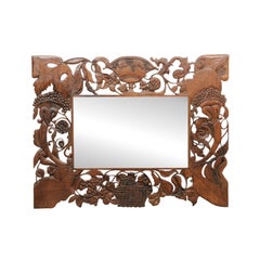 Large Carved Rectangular Mahogany Mirror with Foliage & Flower Basket Details