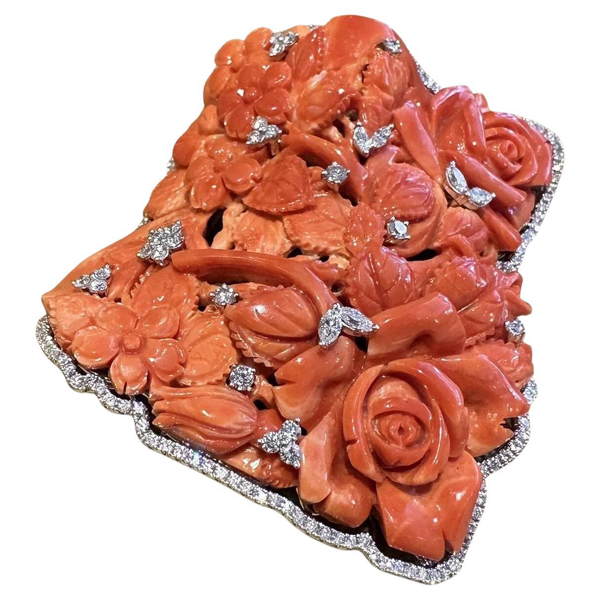 Large Carved Red Coral and Diamond Brooch/Pin in 18k White Gold