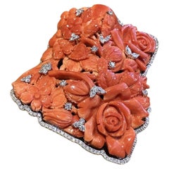 Large Carved Red Coral and Diamond Brooch/Pin in 18k White Gold
