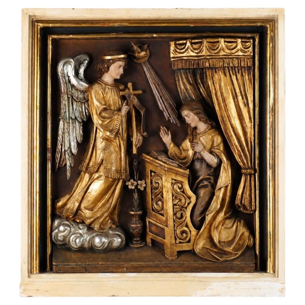 Large Carved Relief Depicting the Annunciation Archangel Gabriel and Virgin Mary