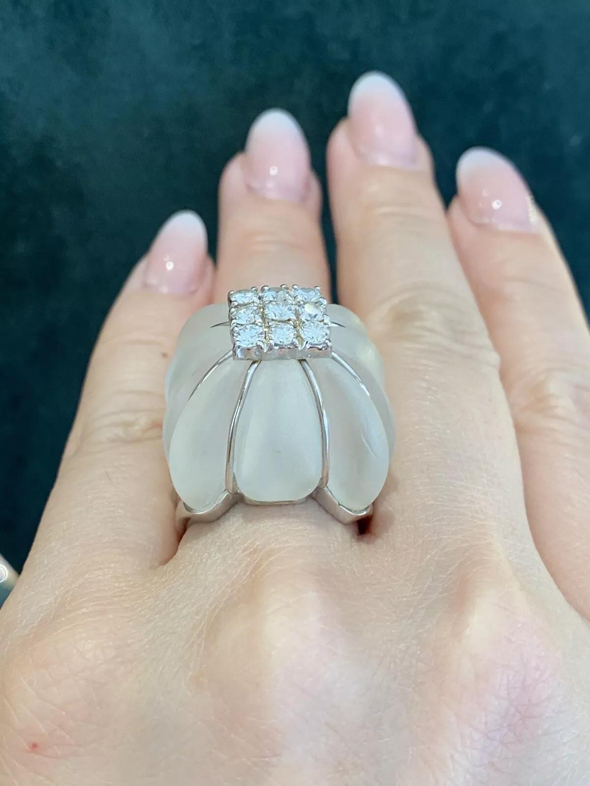 Men's Large Carved Rock Crystal and Diamond Cocktail Ring in 18k White Gold For Sale