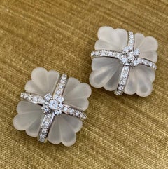 Large Carved Rock Crystal & Diamond Button Earrings in 18k White Gold