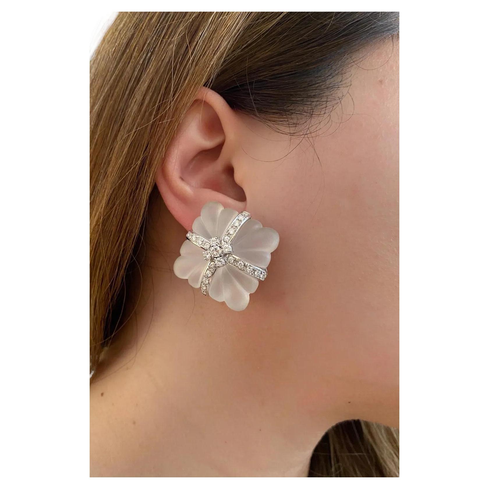 Large Carved Rock Crystal & Diamond Button Earrings in 18k White Gold For Sale