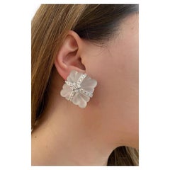 Large Carved Rock Crystal & Diamond Button Earrings in 18k White Gold
