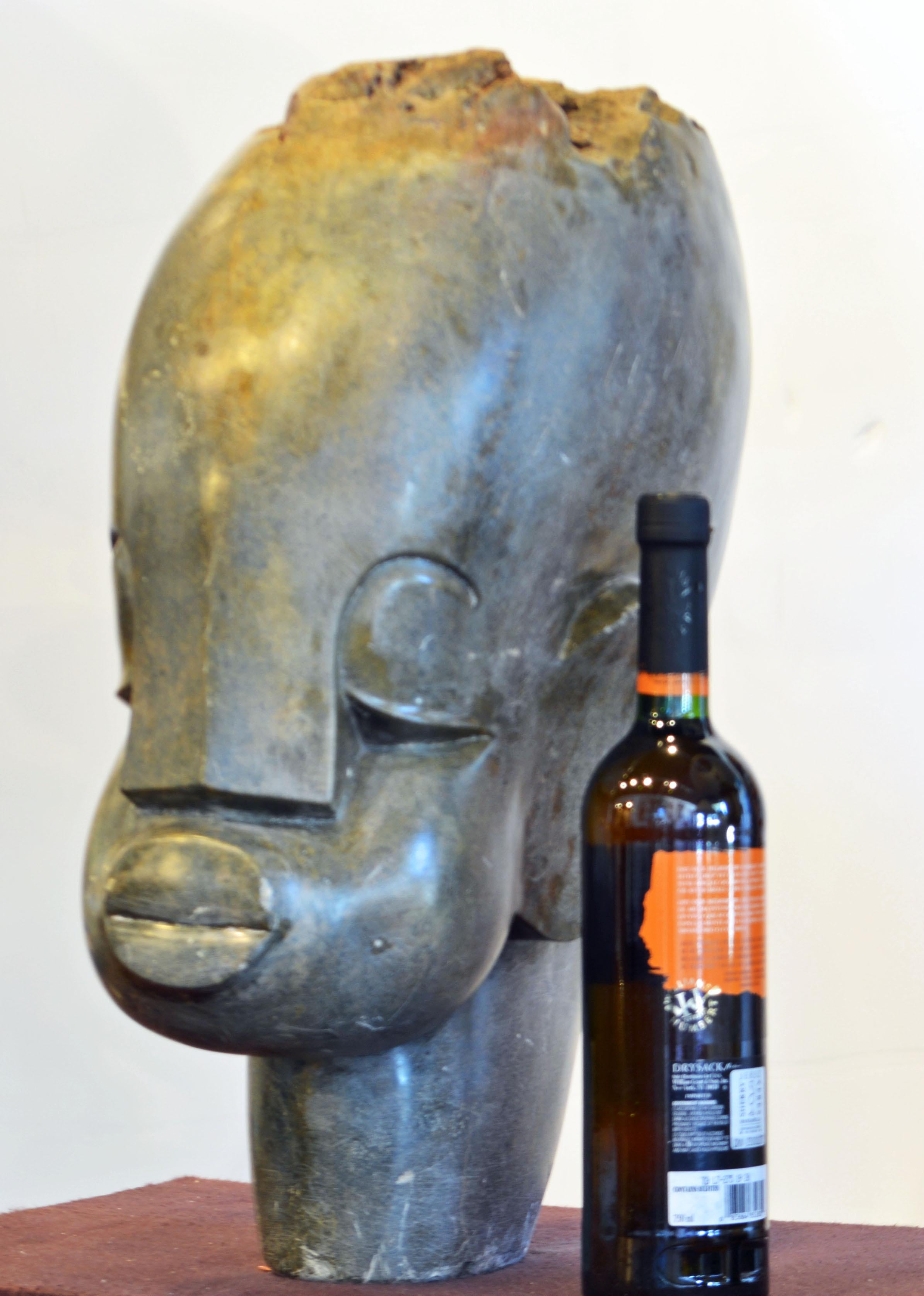 Large Modernist Carved Serpentine Stone African Shona Head on Iron Base