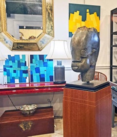 Large Modernist Carved Serpentine Stone African Shona Head on Iron Base Zimbabwe