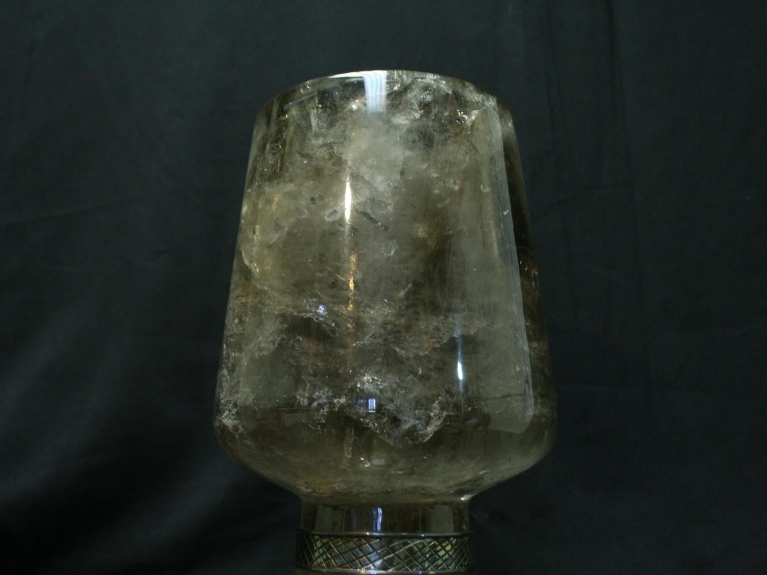 Large Carved Smokey Rock Crystal Urn Centerpiece In Excellent Condition In Cypress, CA
