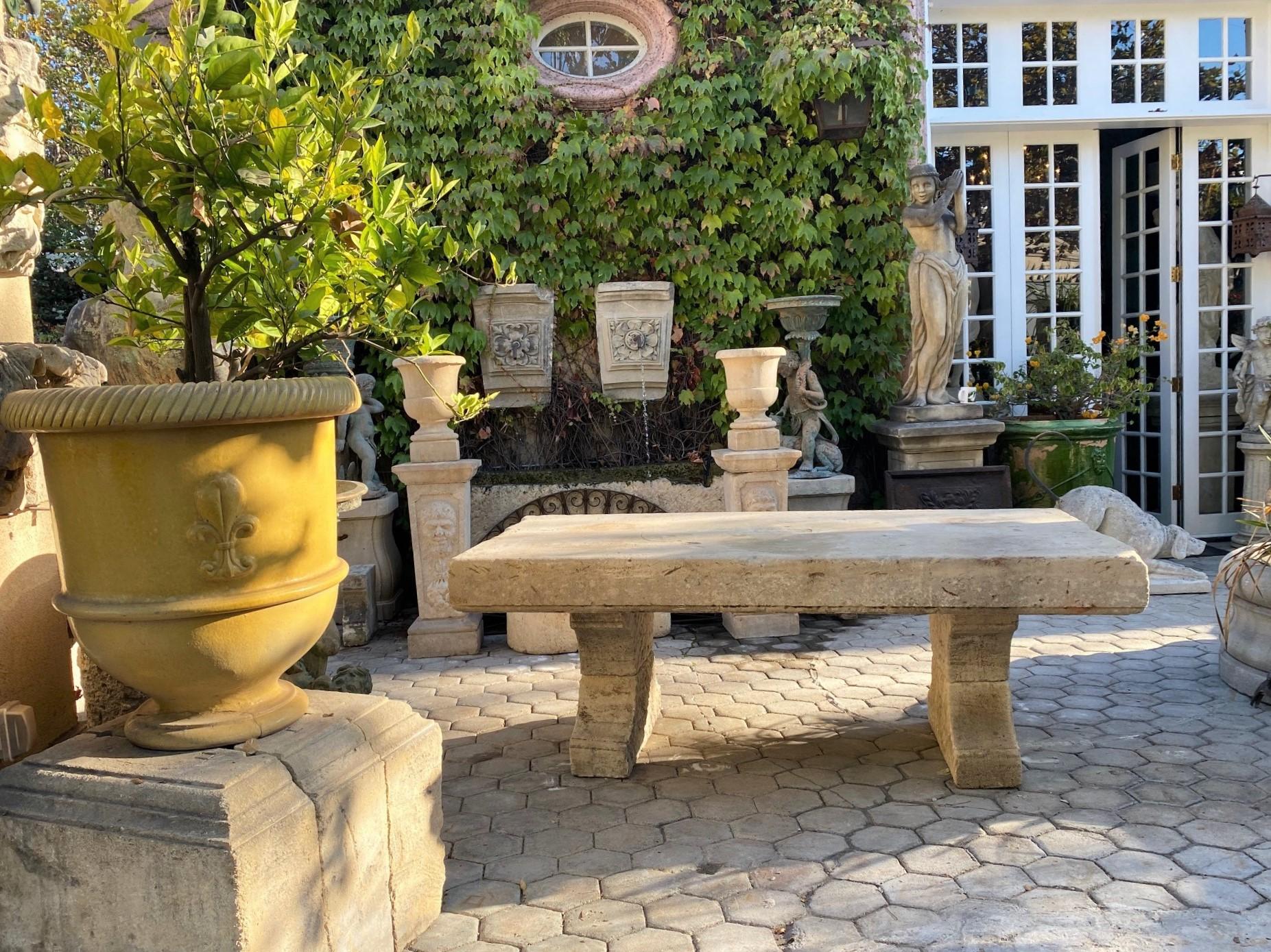 Large carved stone antique garden outdoor indoor dining coffee table farm rustic. 19th century beautifully carved stone table with Top Stone slab about 7” Thick It sits 8 - 10 people, It could be turned into a large low coffee table by Adjusting the