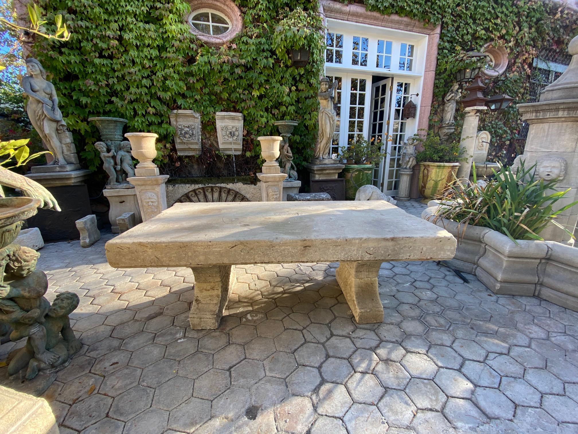 Large Carved Stone Antique Garden Outdoor Indoor Dining Coffee Table Farm Rustic In Good Condition In West Hollywood, CA