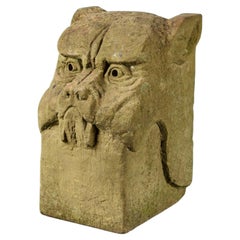 Large Carved Stone Dog Head Gargoyle Statue