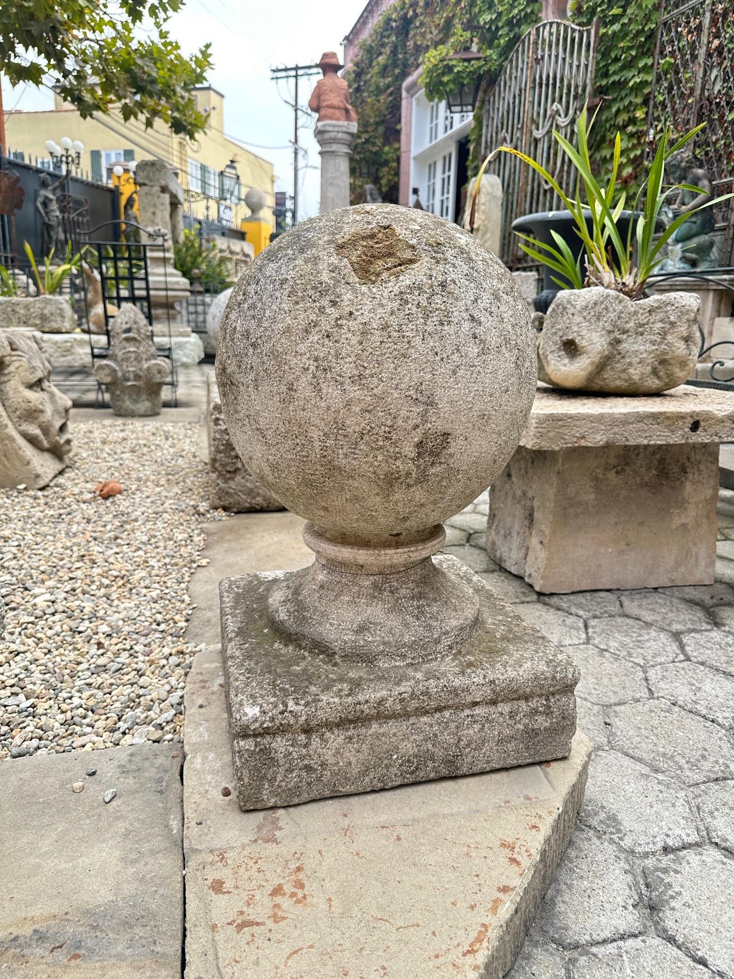 Large Carved Stone Gate Pier pillar Sphere Ball Finial on pedestal base Antiques . Large Extraordinary limestone gate pier finials is carved from stone . Spectacular and impressive chateau Mas pieces .  good condition overall, considering the age.