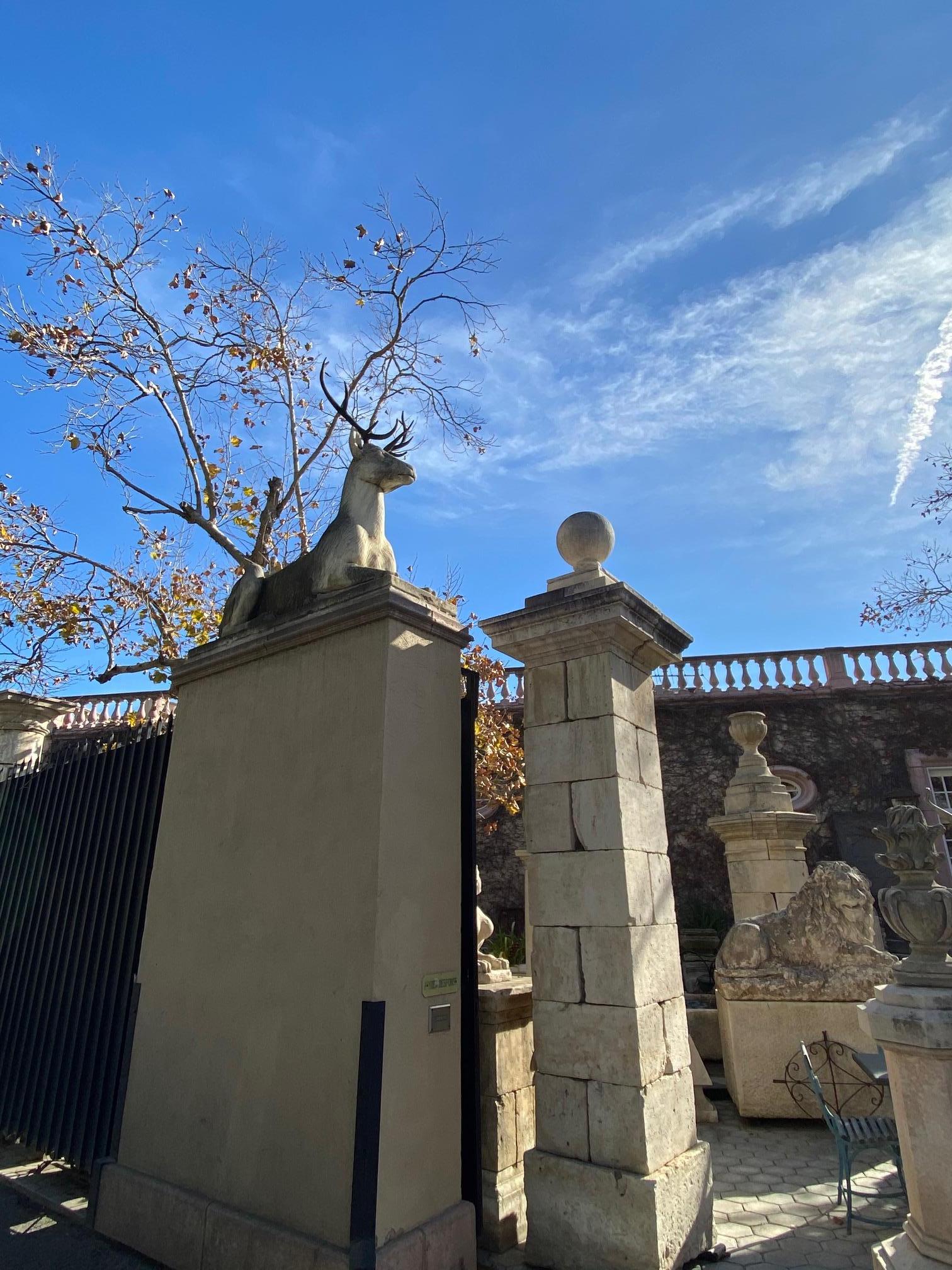 Large Carved Stone Gate Pier pillar Sphere Ball Finial on pedestal base Antiques . Large Extraordinary limestone gate pier finials is carved from stone . Spectacular and impressive chateau Mas pieces .  good condition overall, considering the age.