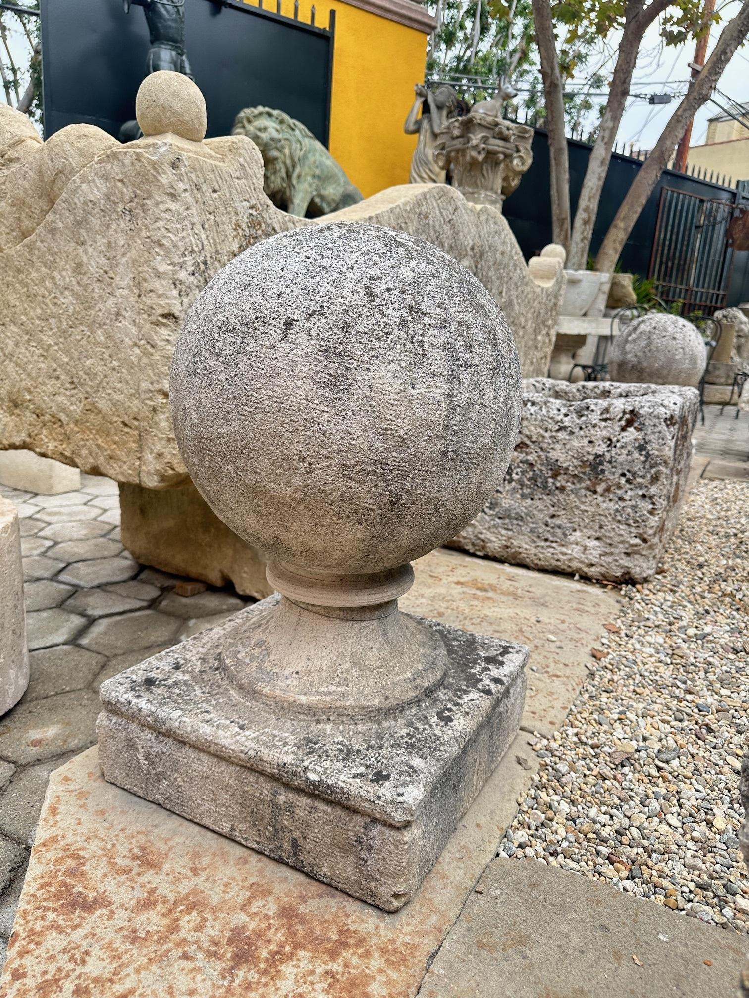 French Large Carved Stone Gate Pier pillar Sphere Ball Finial on pedestal base Antiques For Sale