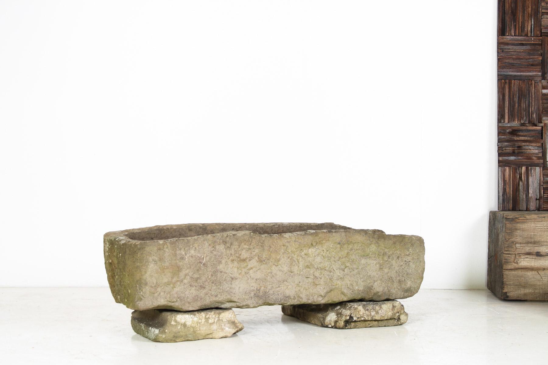 A large characterful 19th Century antique stone planter on pedestal, beautifully weathered appearance, with a weathered patina of moss and lichen that gives the piece an established, timeworn look. Hand carved from solid sandstone, good planting