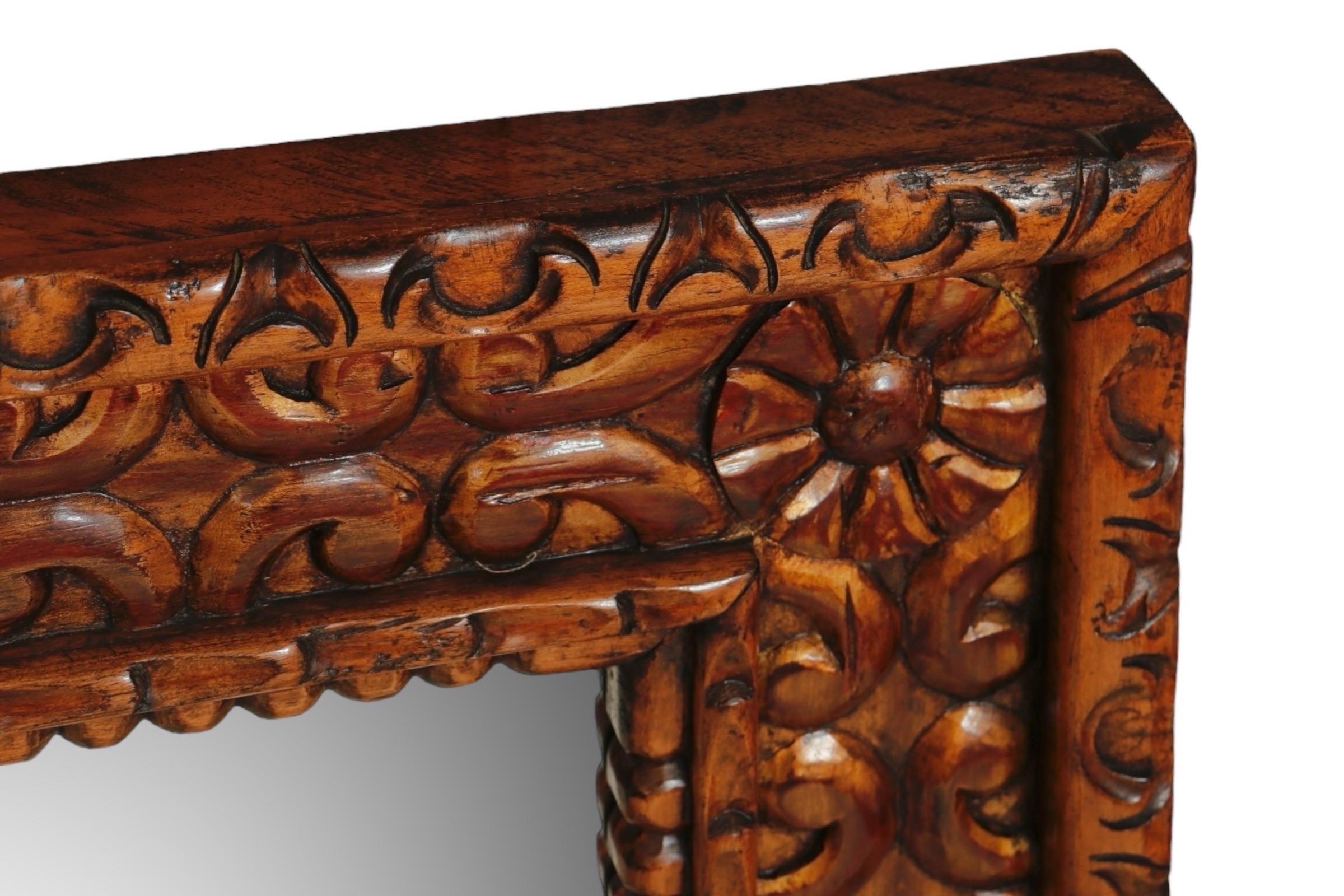 Bohemian Large Carved Teak Wall Mirror For Sale