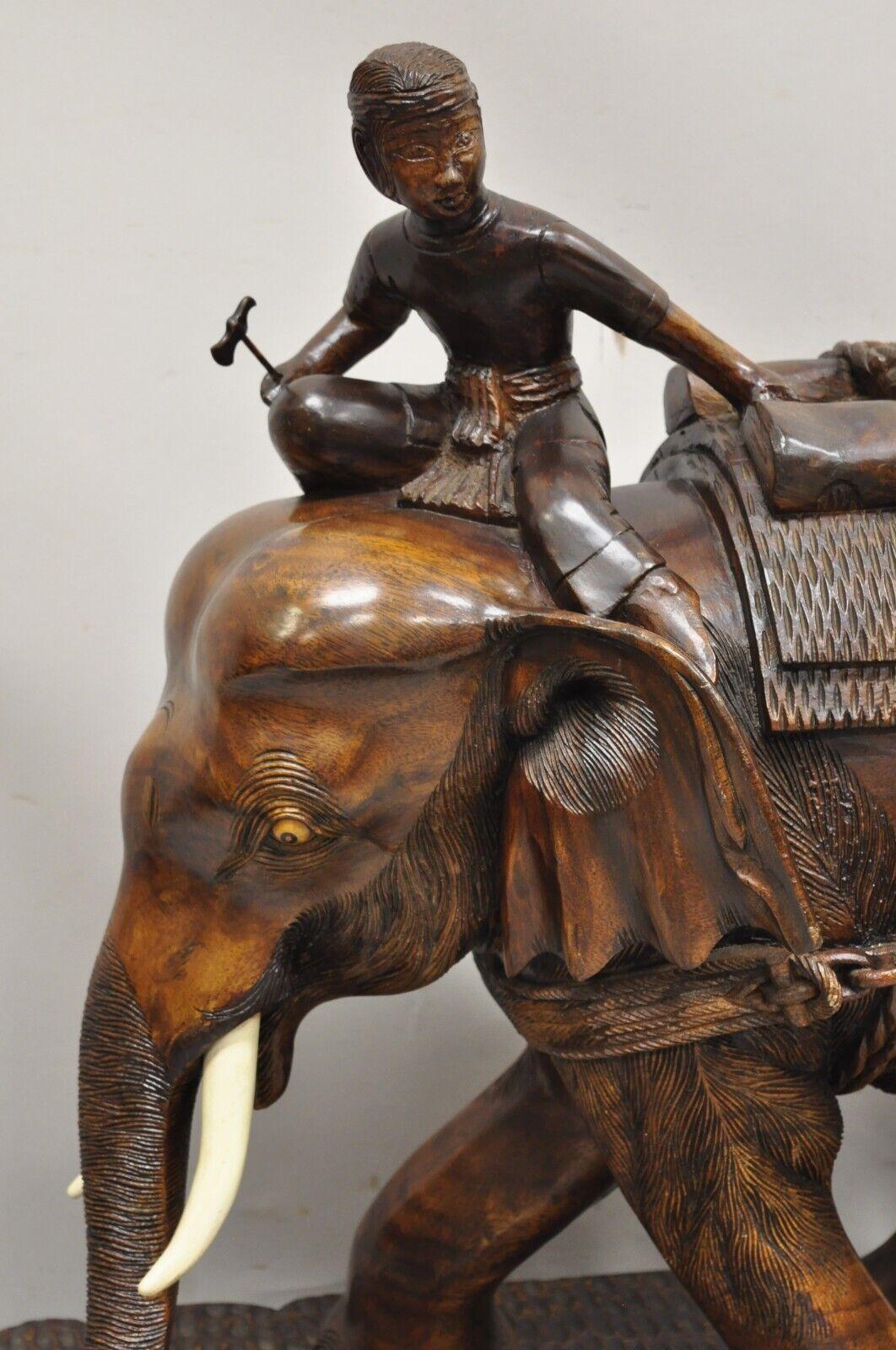 Large Carved Teak Wood Elephant Pulling Log Burmese Sculpture Figure 4