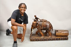 Large Carved Teak Wood Elephant Pulling Log Burmese Sculpture Figure