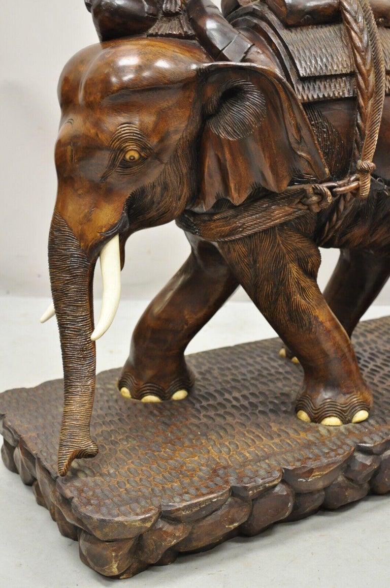 Large Carved Teak Wood Elephant Pulling Log Burmese Sculpture Figure