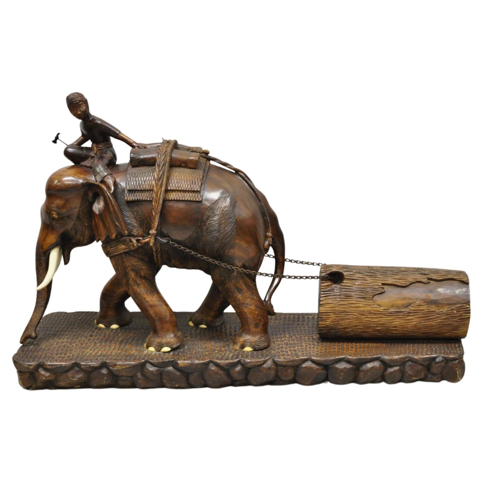 Large Carved Teak Wood Elephant Pulling Log Burmese Sculpture Figure