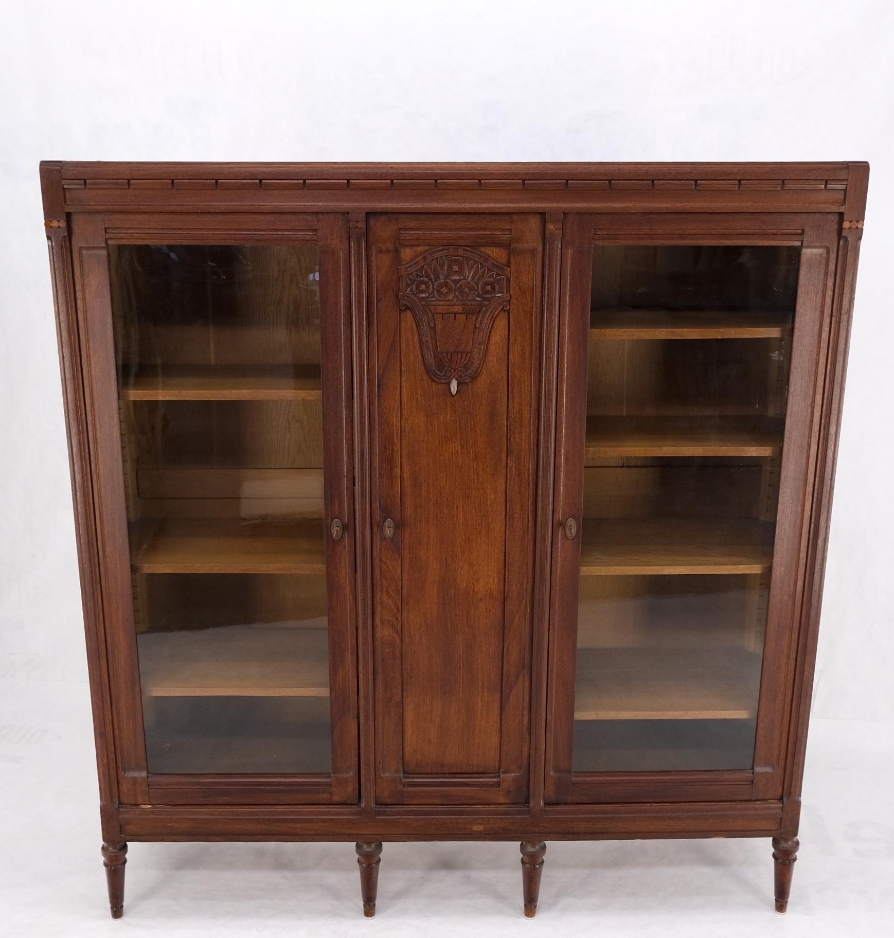 Large Carved Three Doors Two Glass Oak Bookcase Cabinet Arts & Crafts  8