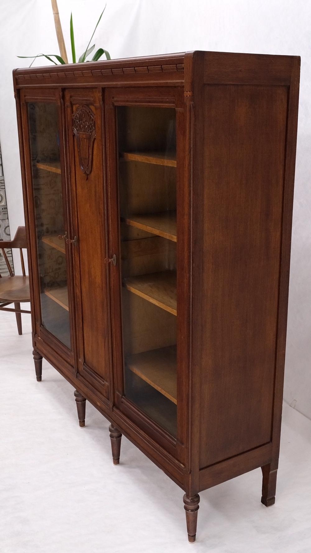Large Carved Three Doors Two Glass Oak Bookcase Cabinet Arts & Crafts  12