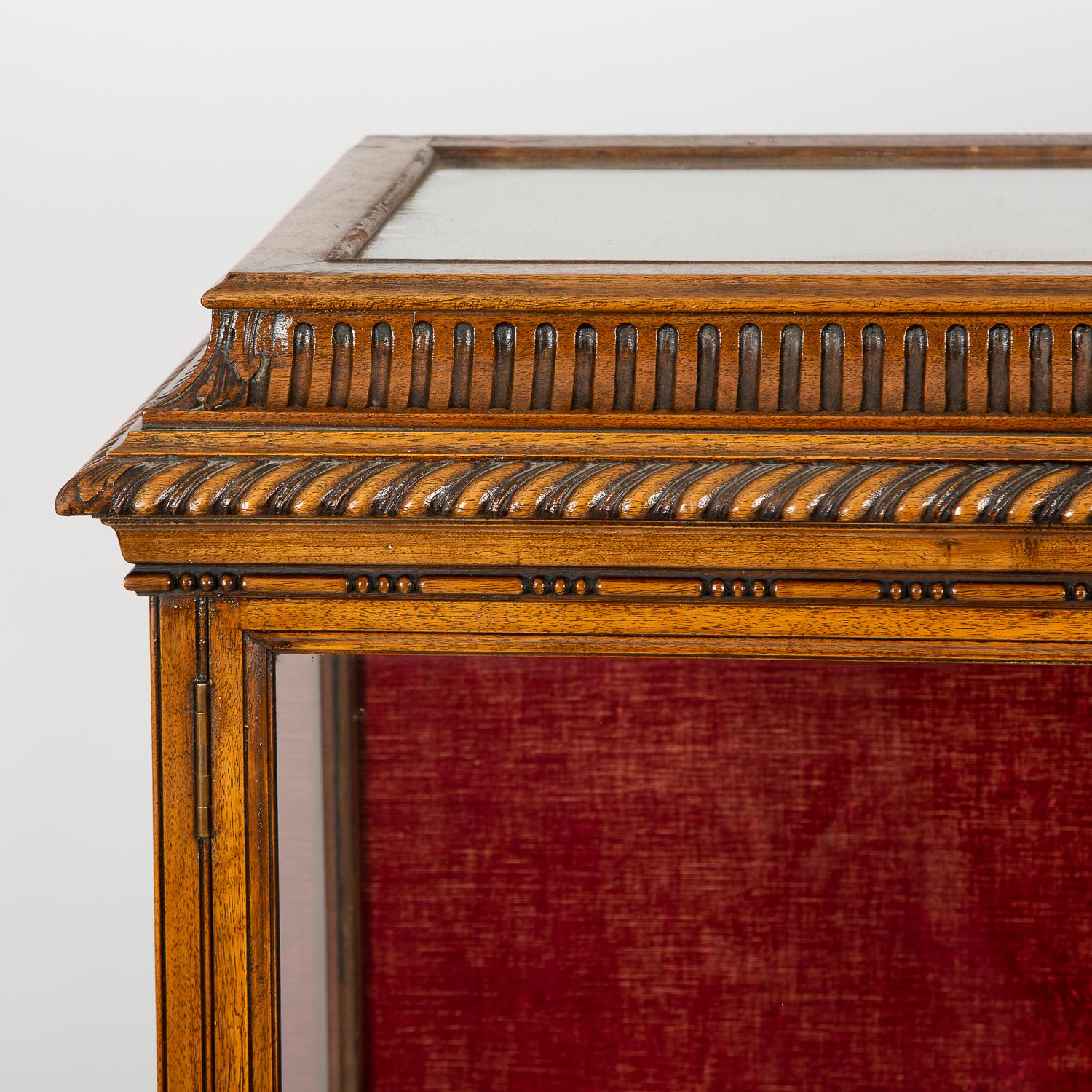 English Large Carved Velvet Lined Walnut Display Case, with Internal Glass Shelving For Sale