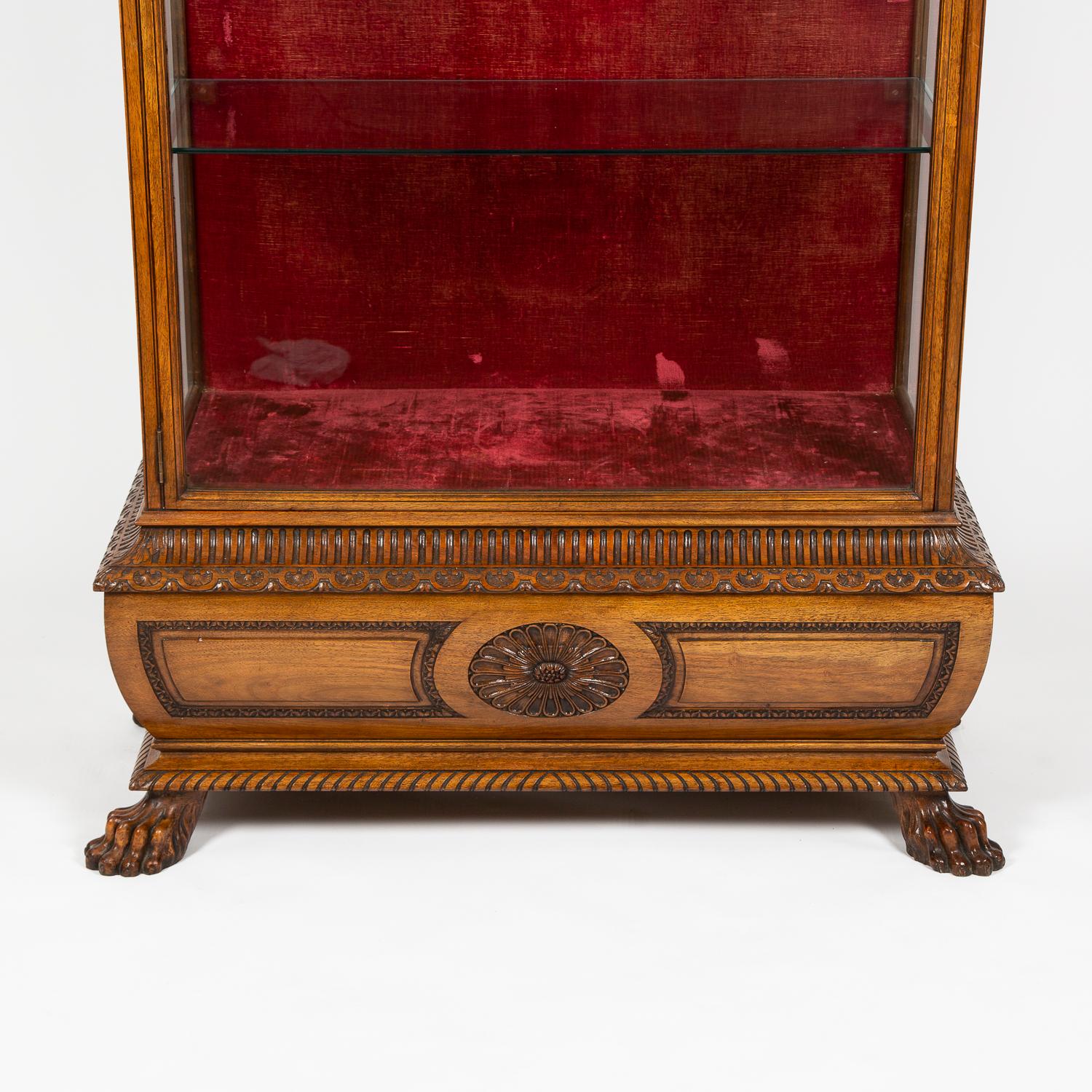 Large Carved Velvet Lined Walnut Display Case, with Internal Glass Shelving In Good Condition For Sale In London, GB