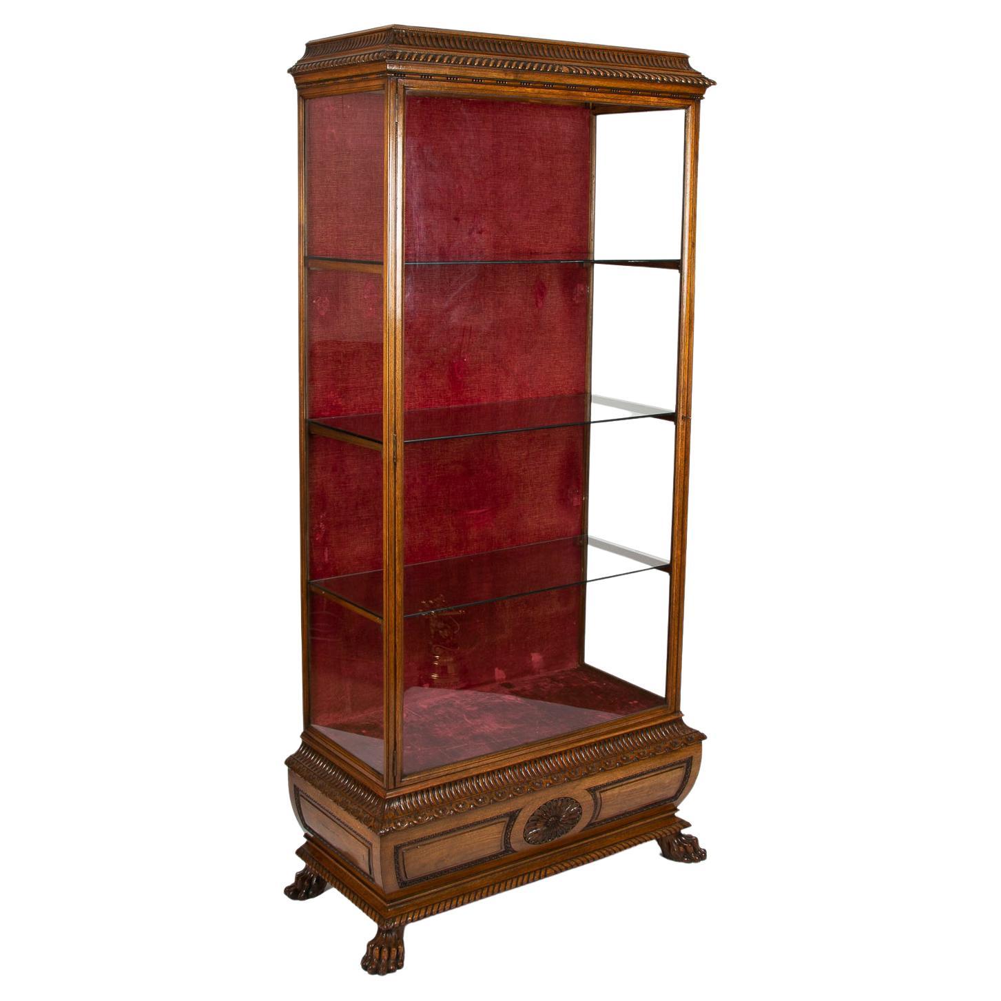 Large Carved Velvet Lined Walnut Display Case, with Internal Glass Shelving