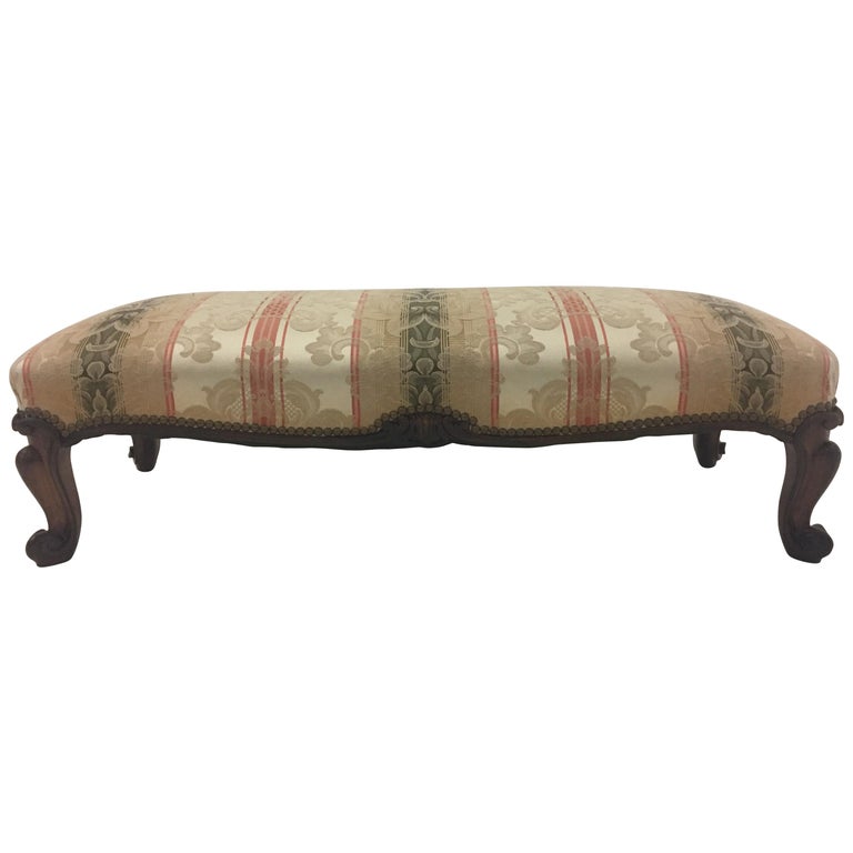 Large Carved Walnut and Upholstered French Bench For Sale