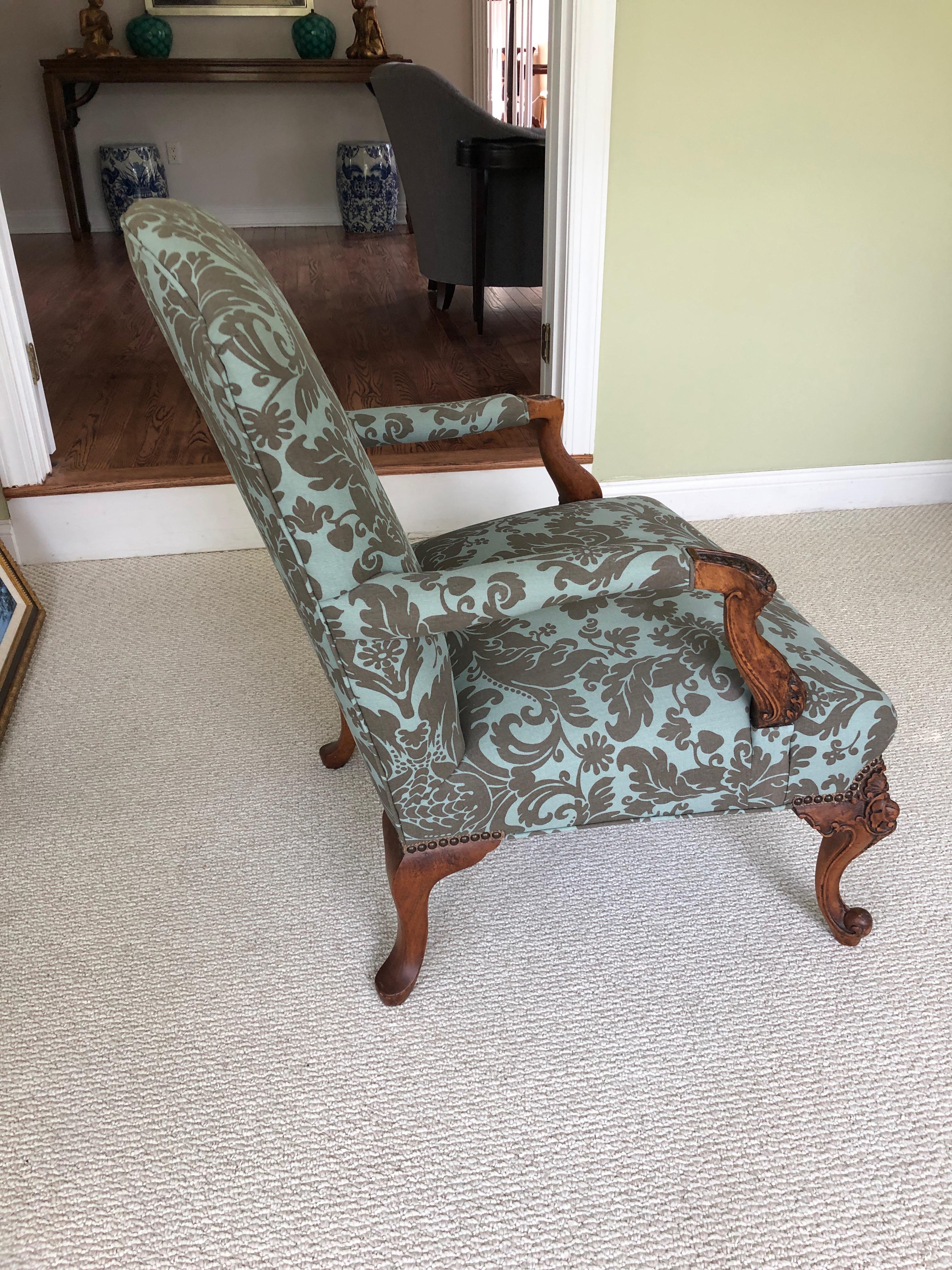 Large Carved Walnut and Upholstered French Fauteuil Club Chair In Excellent Condition In Hopewell, NJ