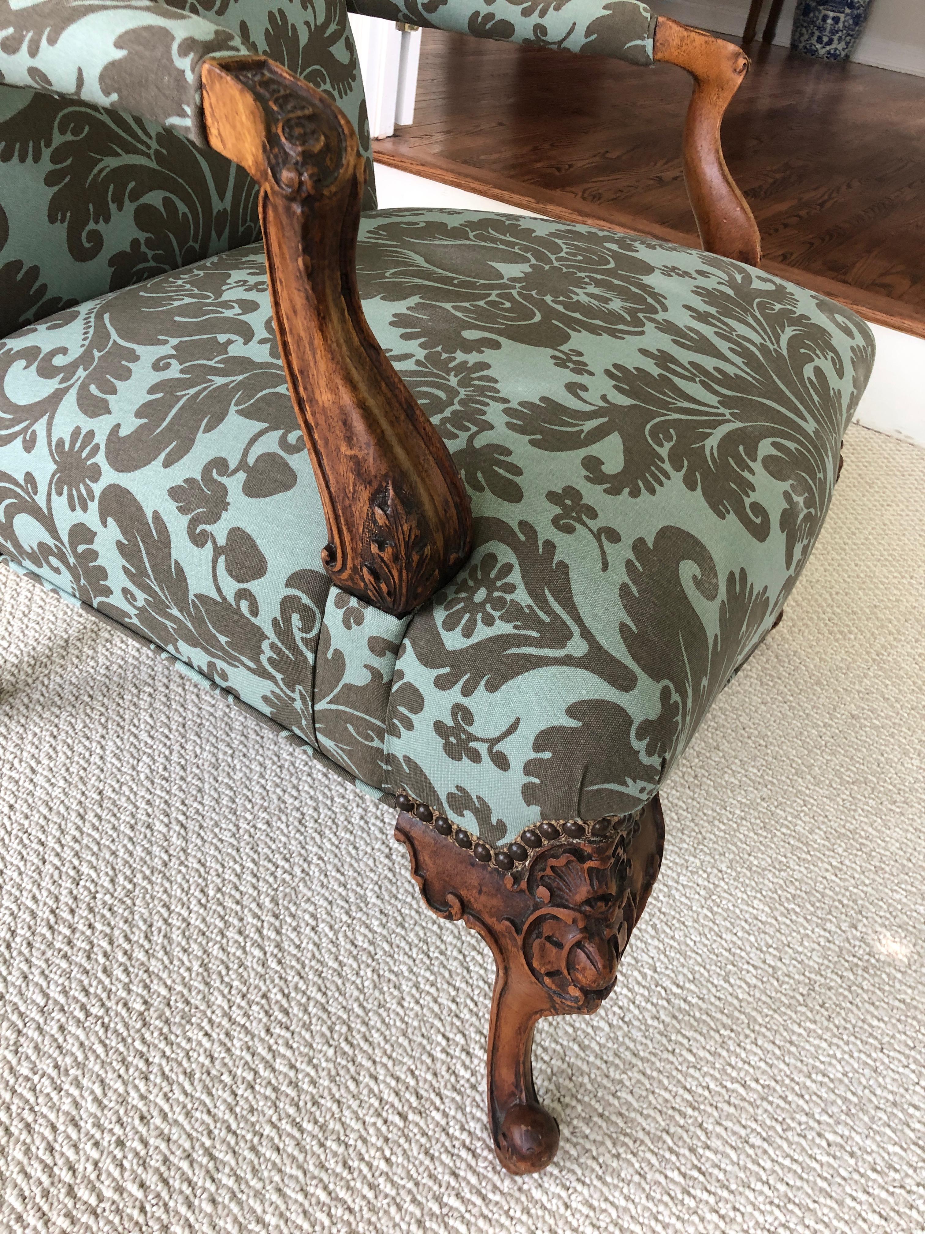 Mid-20th Century Large Carved Walnut and Upholstered French Fauteuil Club Chair