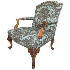 Large Carved Walnut and Upholstered French Fauteuil Club Chair