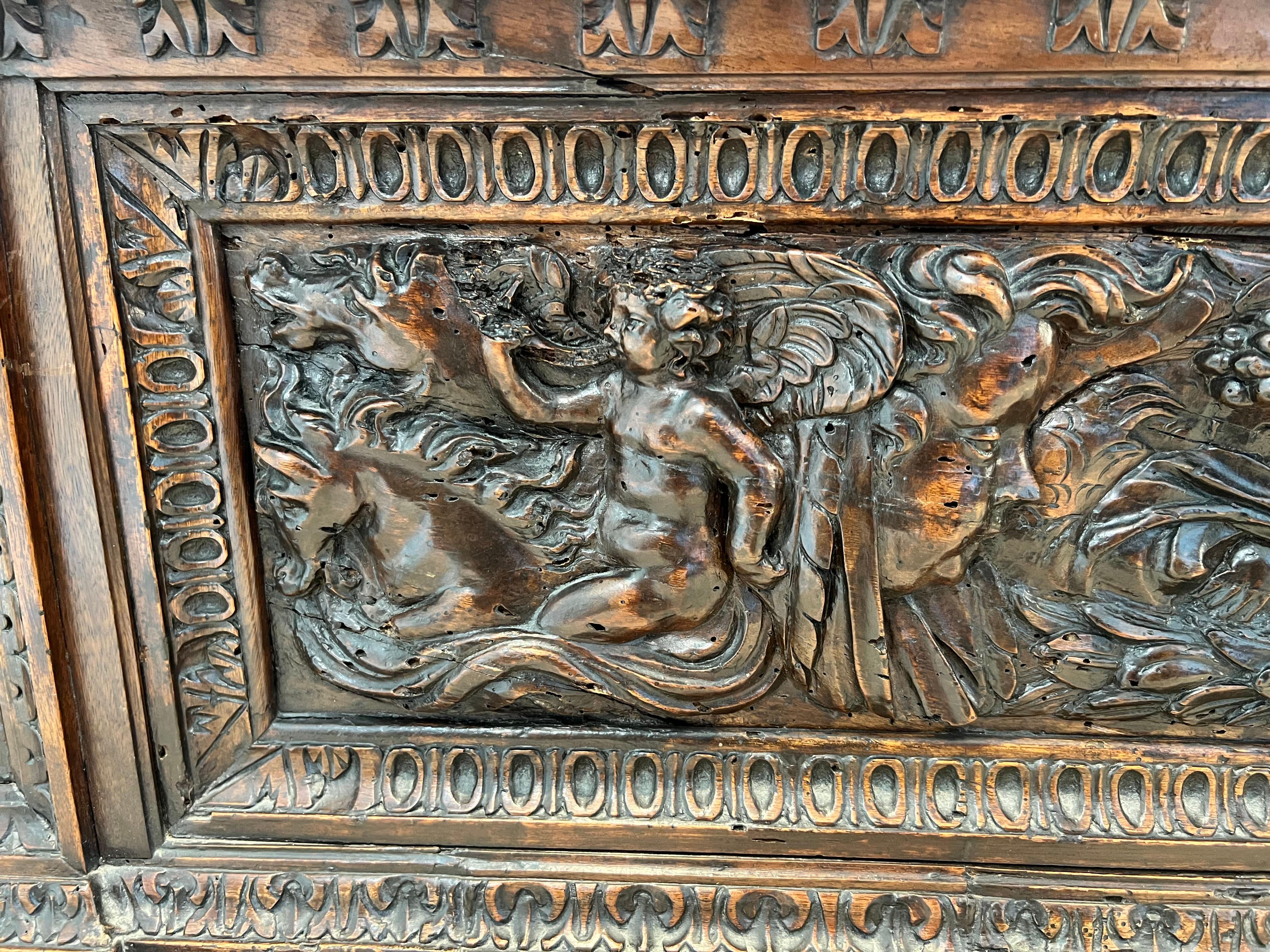 Large carved walnut cassone From Italian Renaissance Period For Sale 7