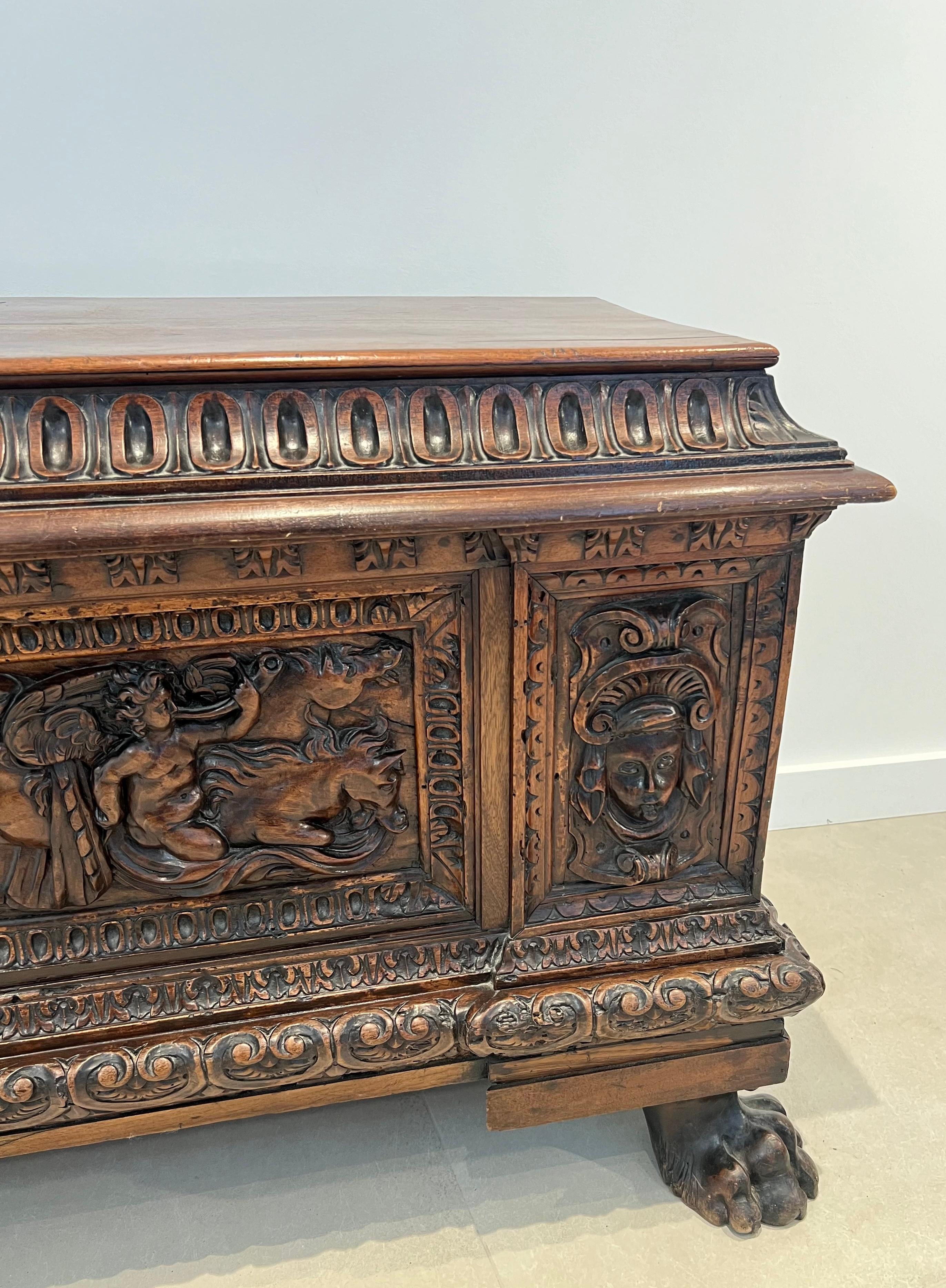 Large carved walnut cassone From Italian Renaissance Period For Sale 10