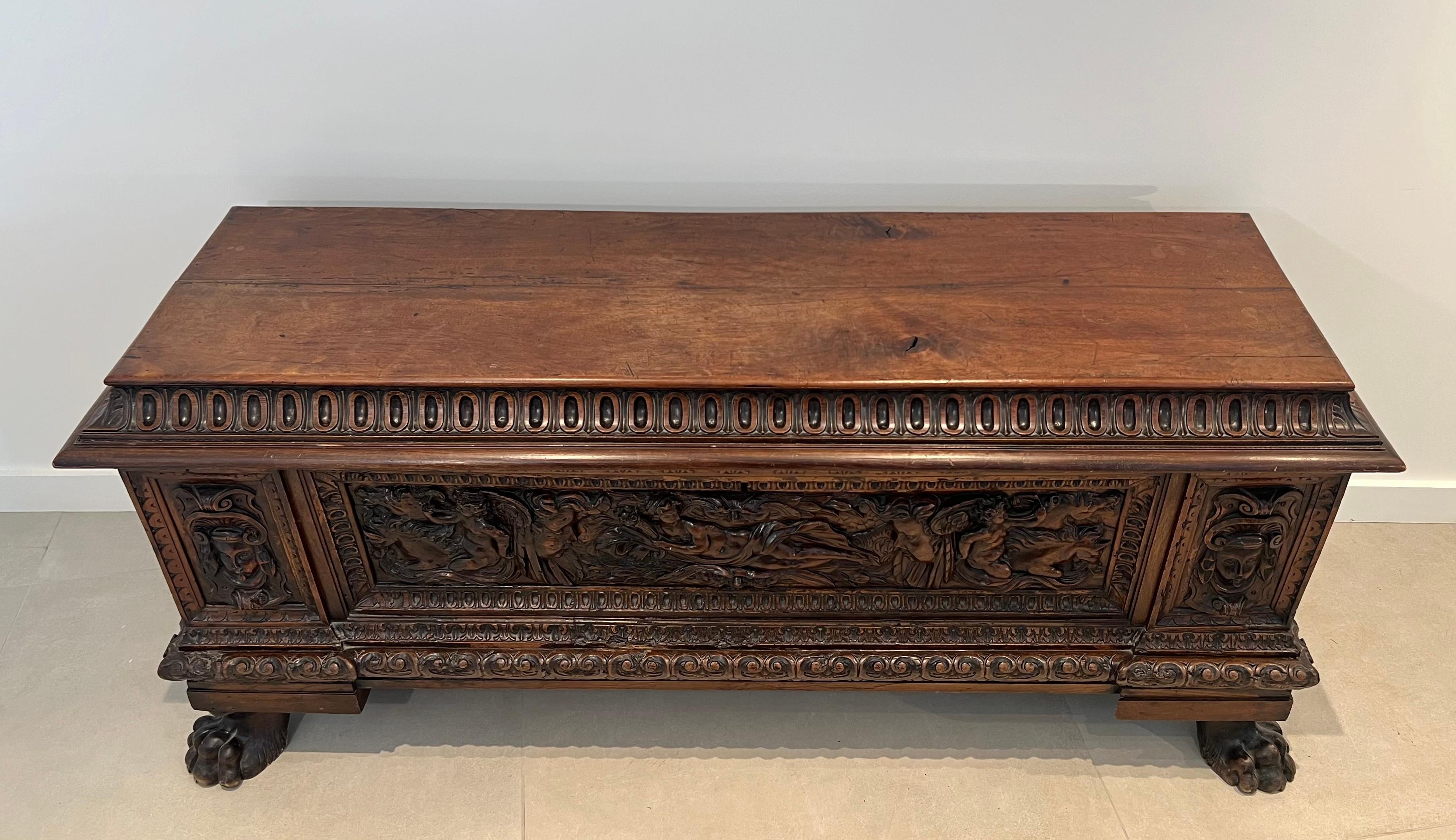 Hand-Carved Large carved walnut cassone From Italian Renaissance Period For Sale