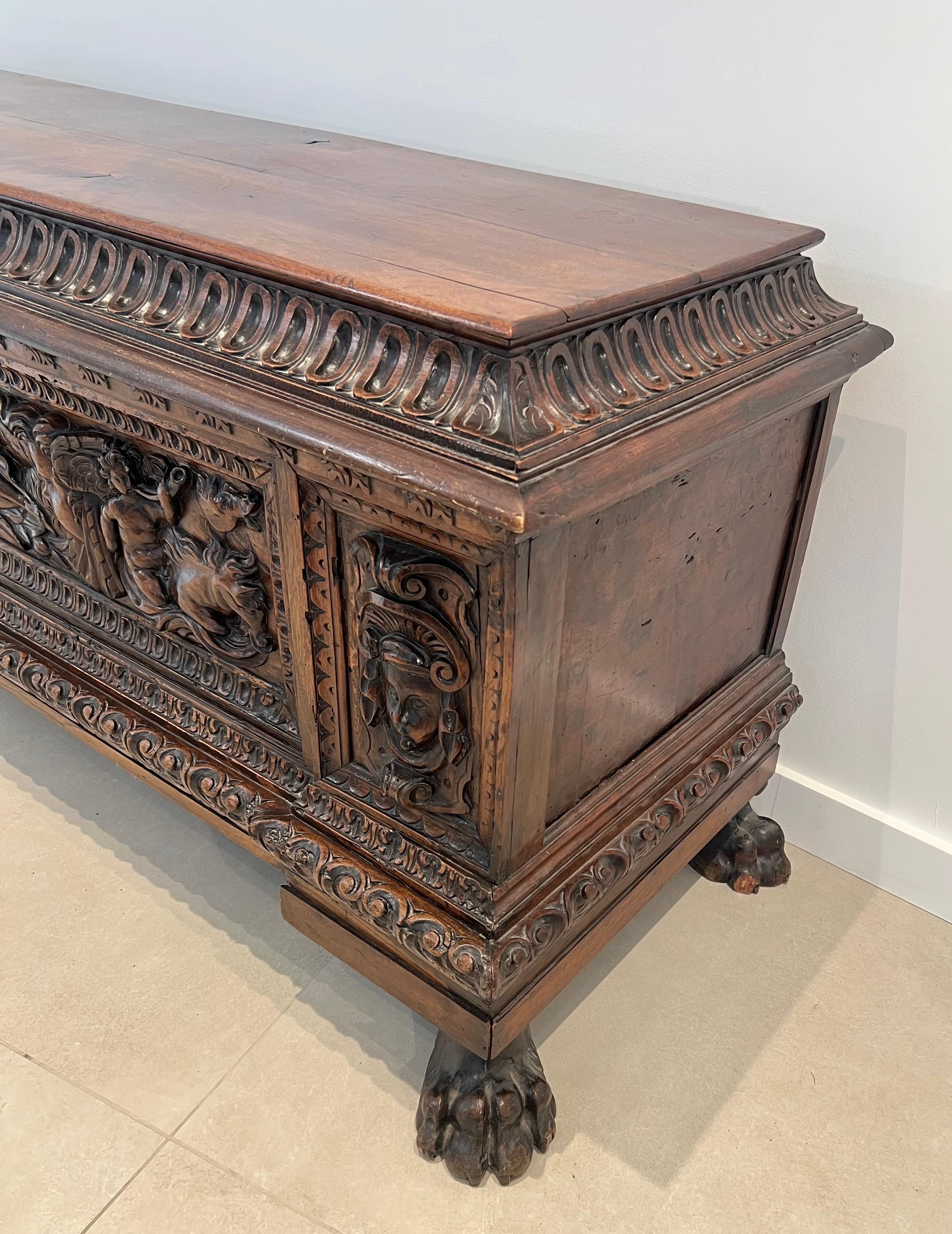 18th Century and Earlier Large carved walnut cassone From Italian Renaissance Period For Sale