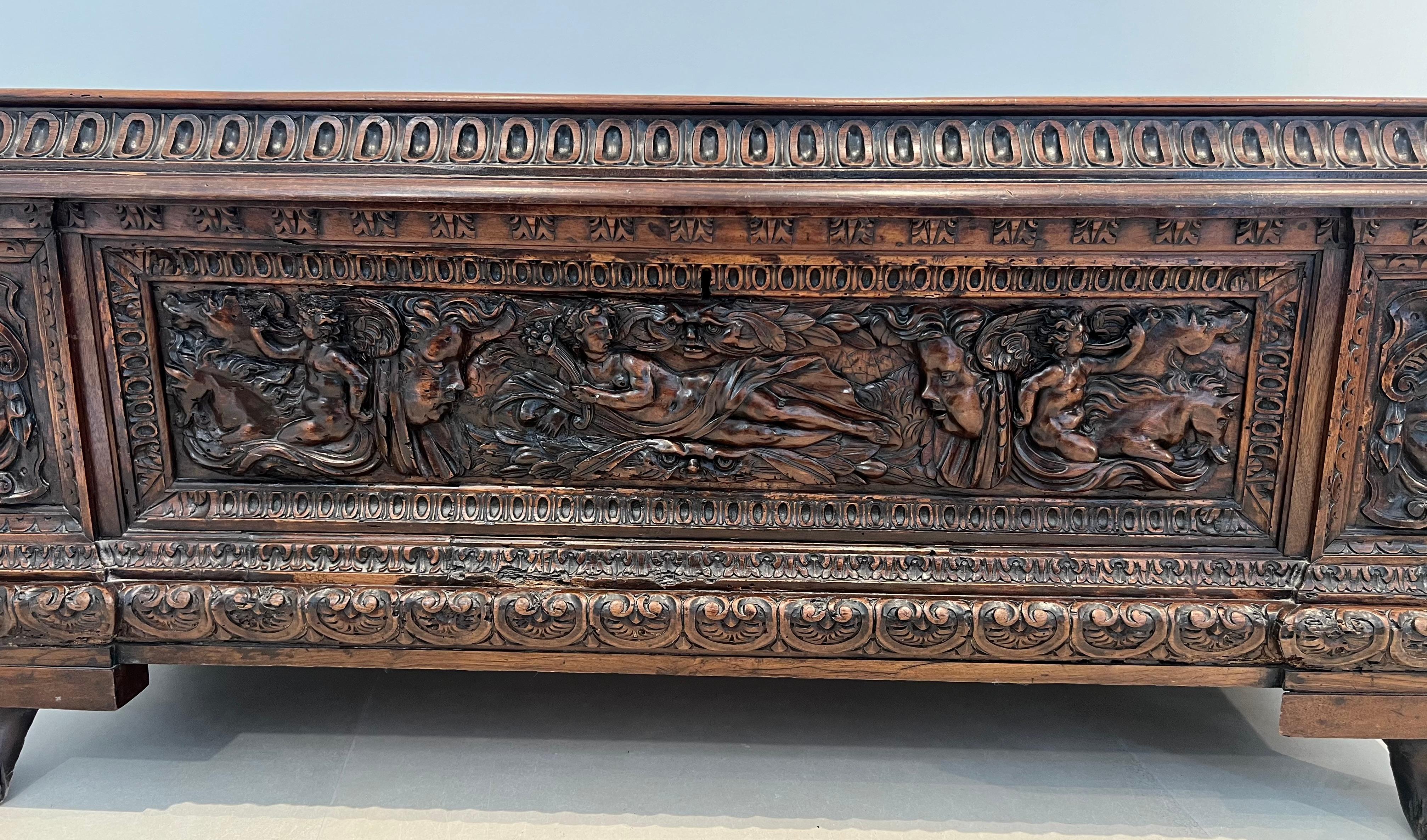 Large carved walnut cassone From Italian Renaissance Period For Sale 3