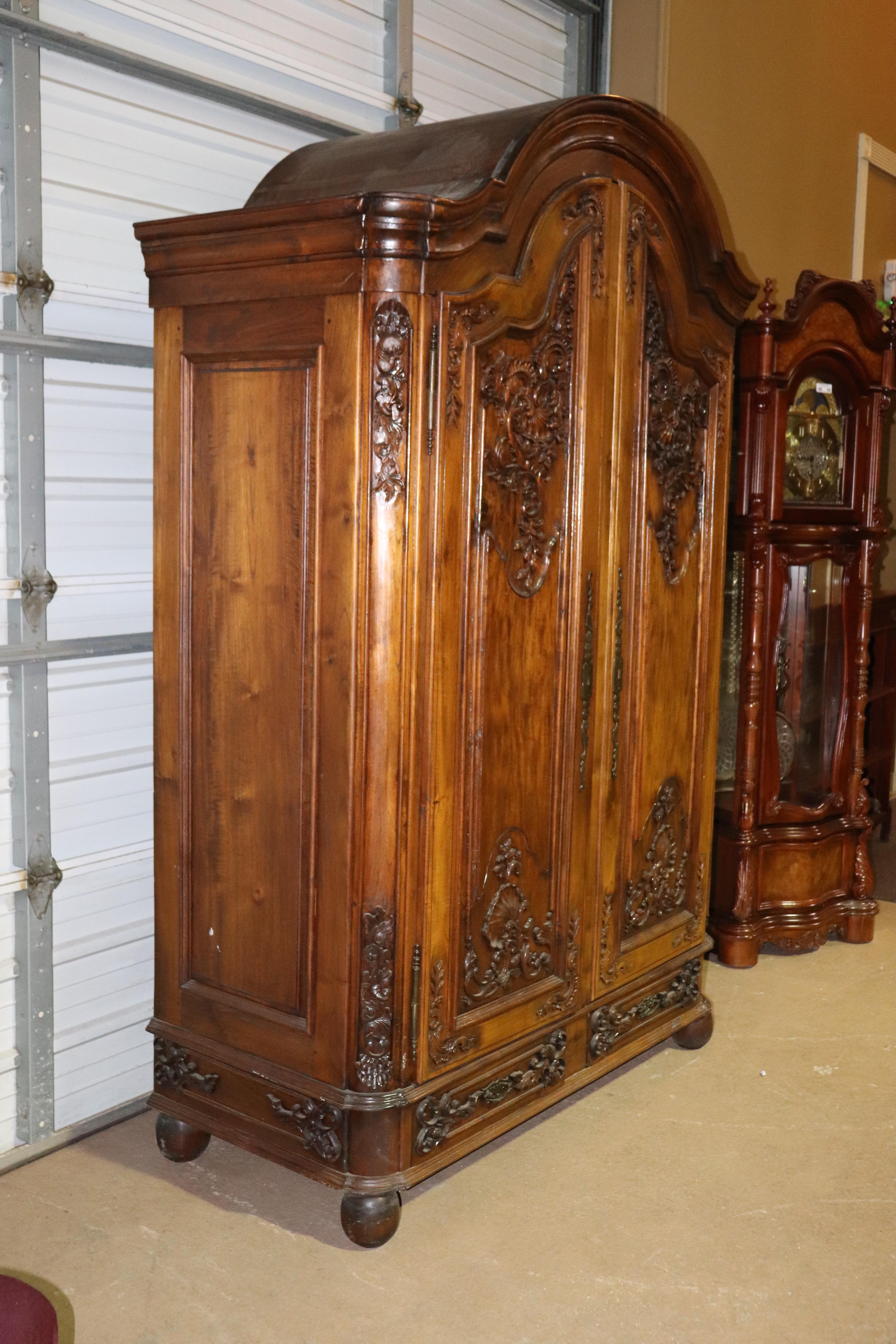 French Provincial Large Carved Walnut French Bonnet Top Provincial Armoire TV Entertainment Center