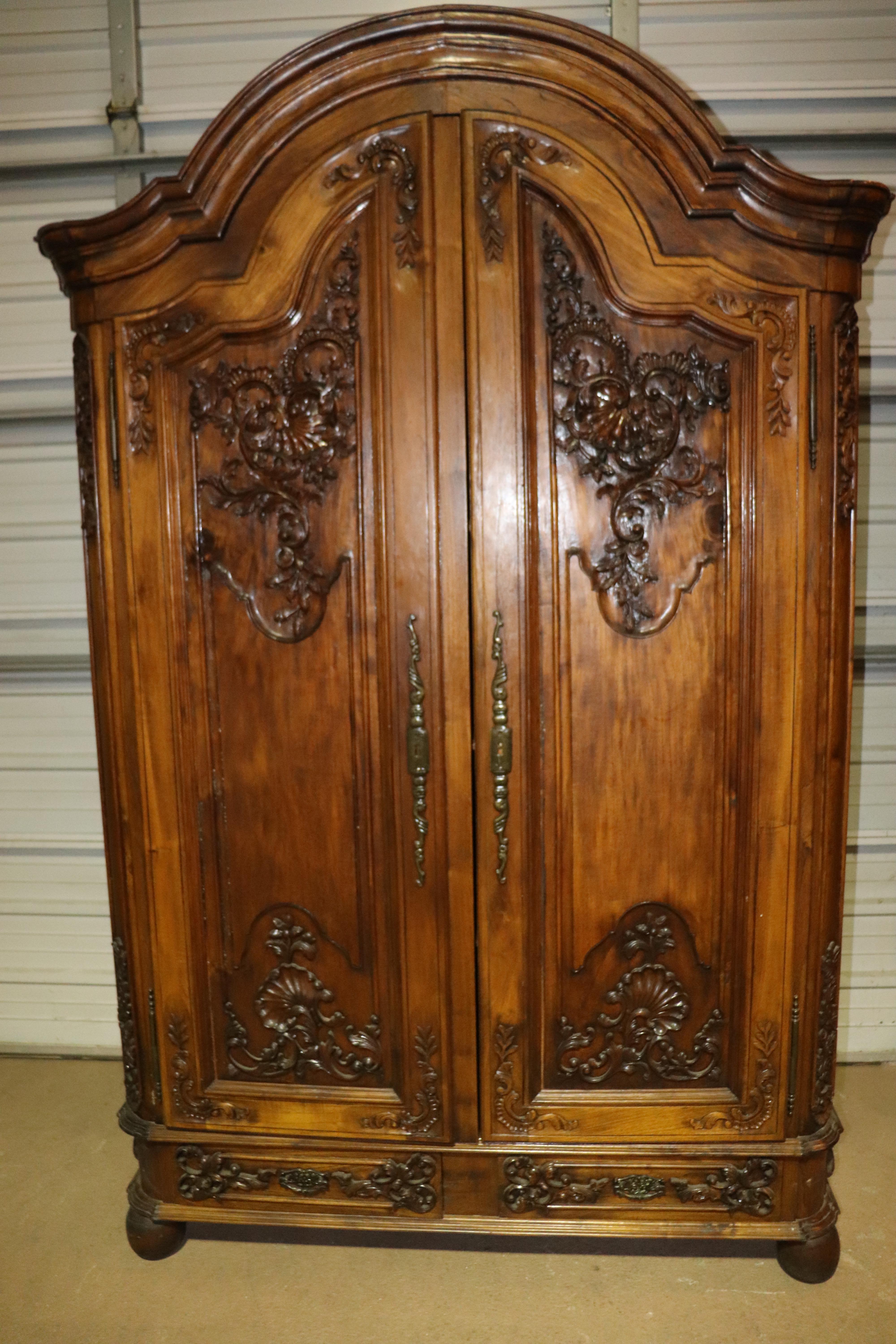 Late 20th Century Large Carved Walnut French Bonnet Top Provincial Armoire TV Entertainment Center
