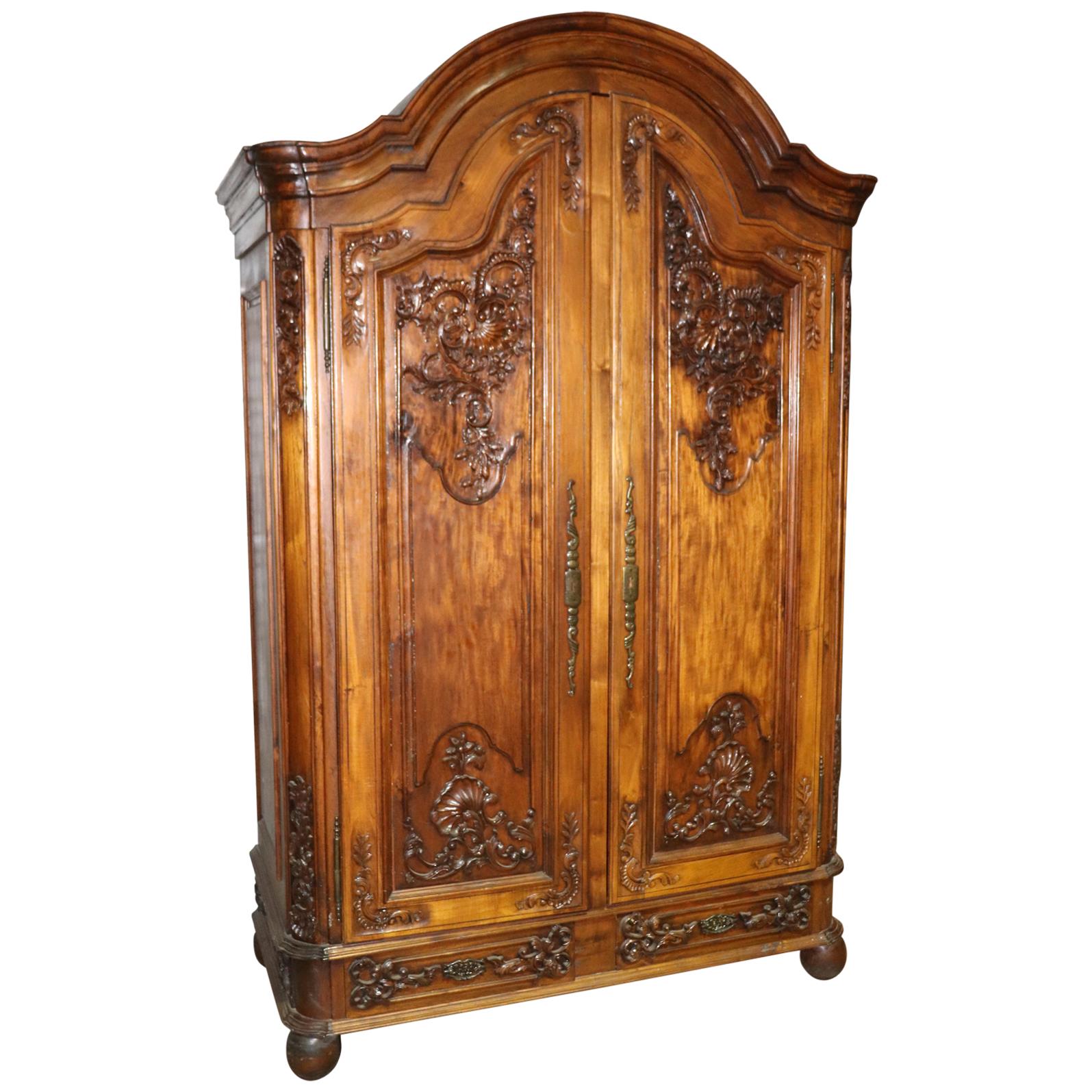 Large Carved Walnut French Bonnet Top Provincial Armoire TV Entertainment Center
