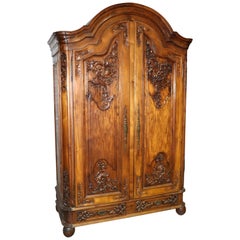 Vintage Large Carved Walnut French Bonnet Top Provincial Armoire TV Entertainment Center